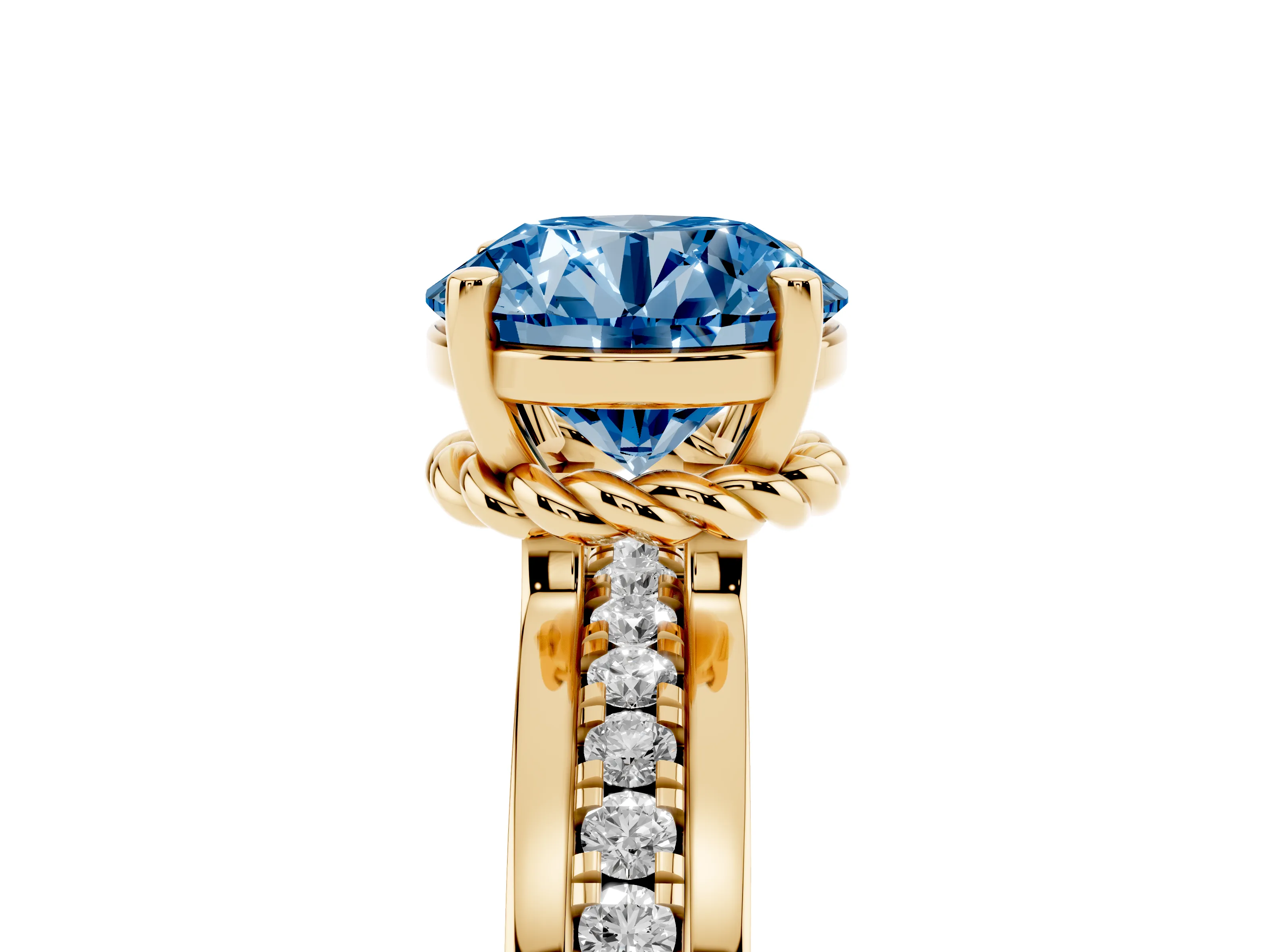 Fancy Blue Round Cut Diamond Solitaire Ring Set in Yellow gold with Channel Set Band and Prong Setting