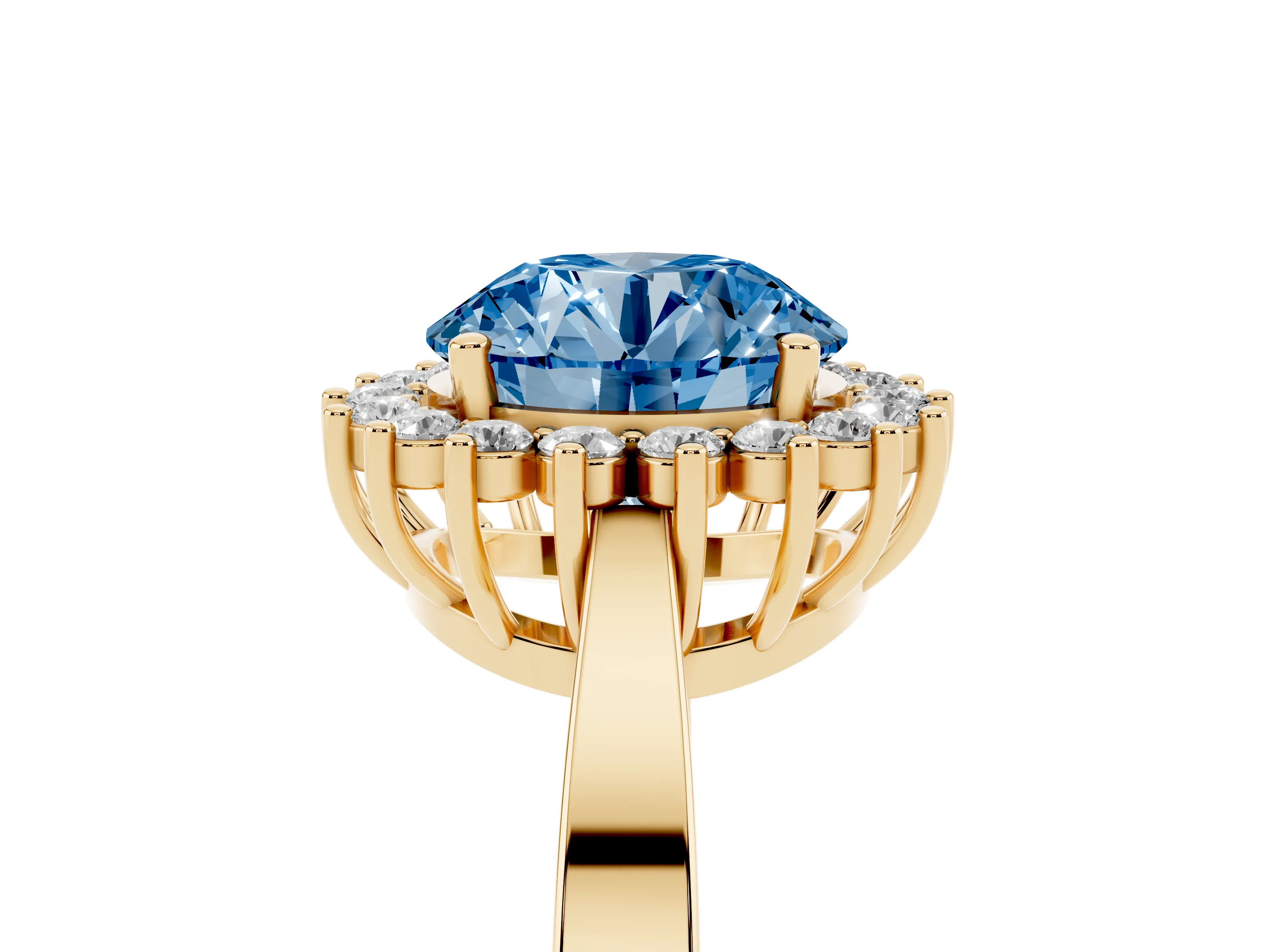Fancy Blue Round Cut Diamond Halo Ring Set in Yellow gold with Round Halo and Smooth Solitaire Band