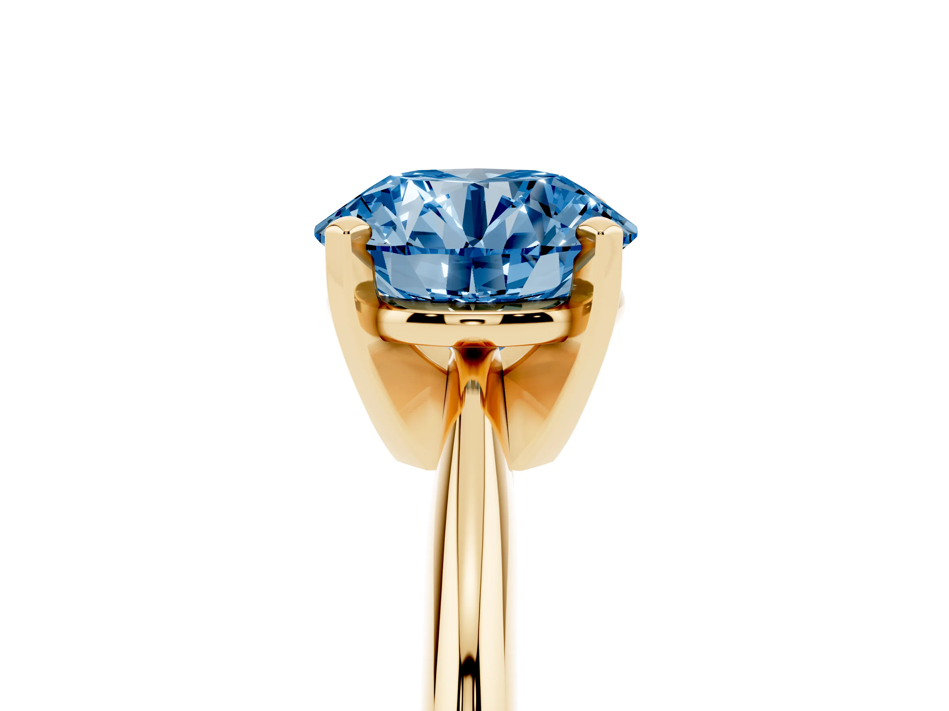 Fancy Blue Round Cut Diamond Solitaire Ring Set in Yellow gold with Prong Setting on a Plain Round Band