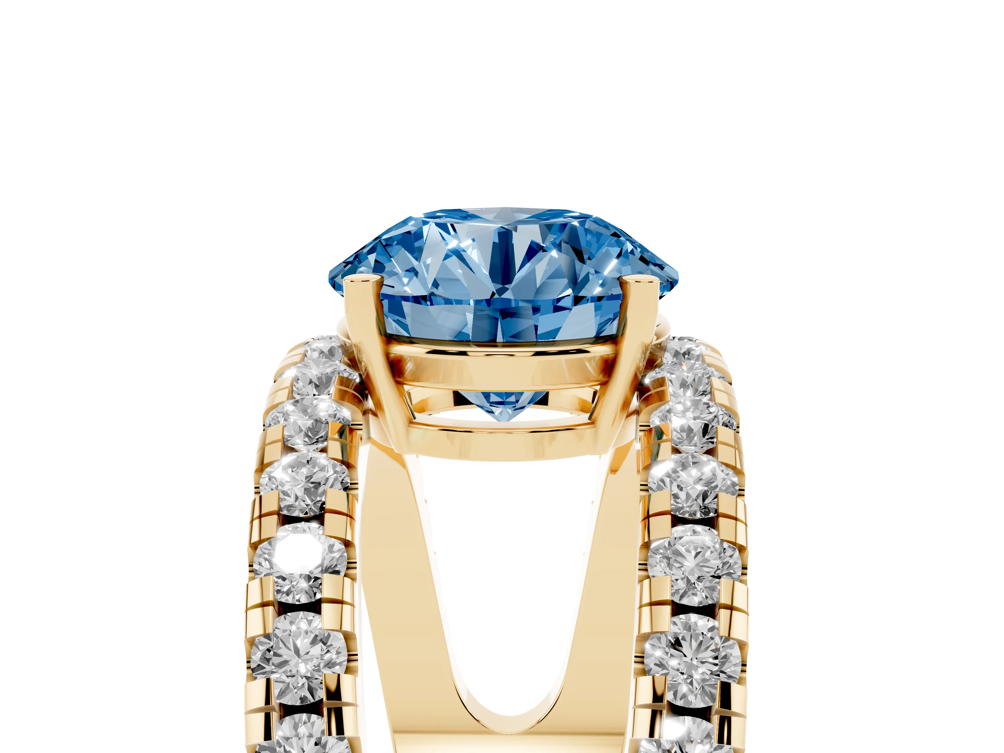 Fancy Blue Round Cut Diamond Split Shank Pavé Solitaire Ring Set in Yellow gold with Open Shank Design