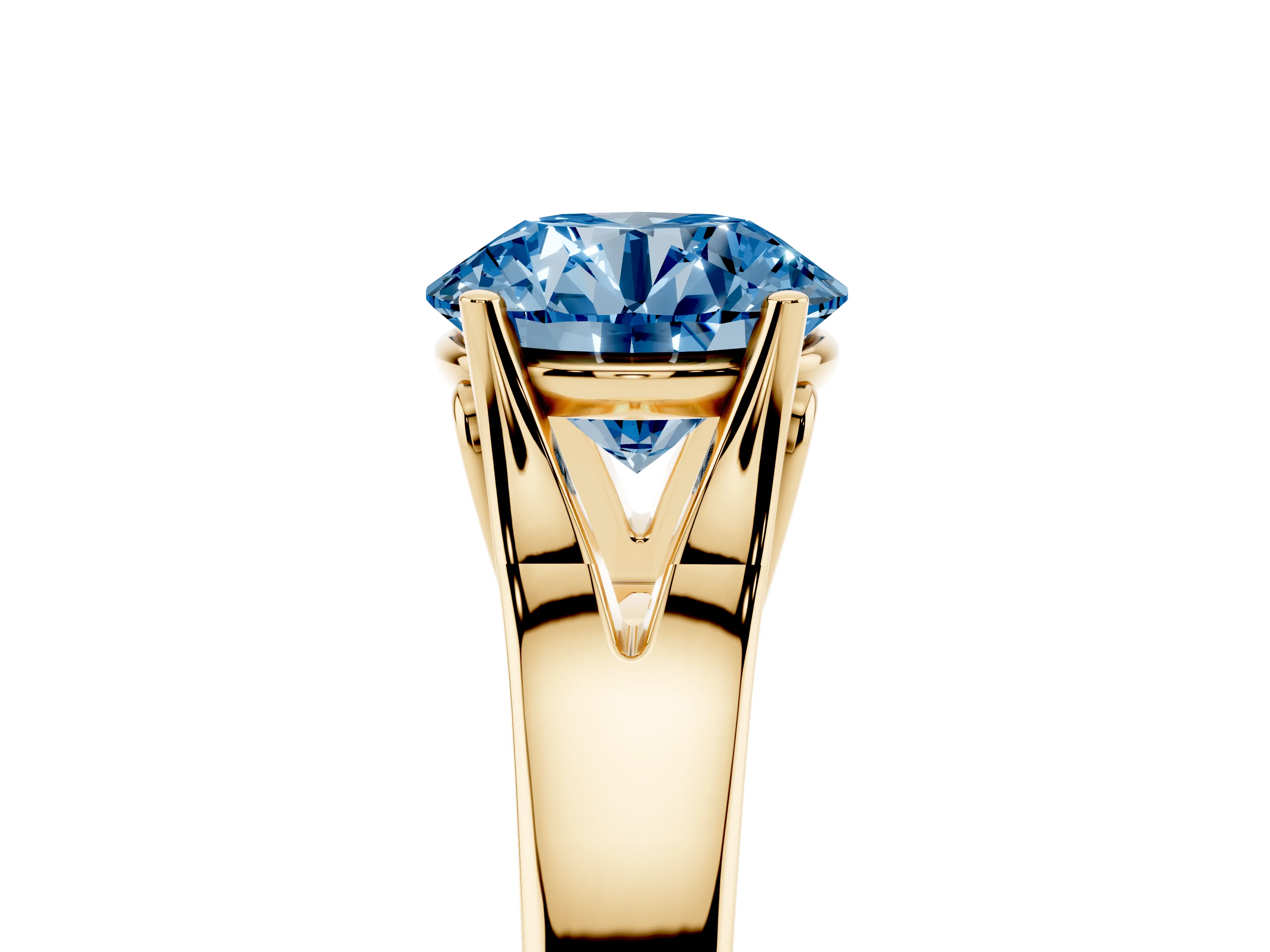 Fancy Blue Round Cut Diamond Solitaire Ring Set in Yellow gold with Arched Cathedral Band and Prong Setting