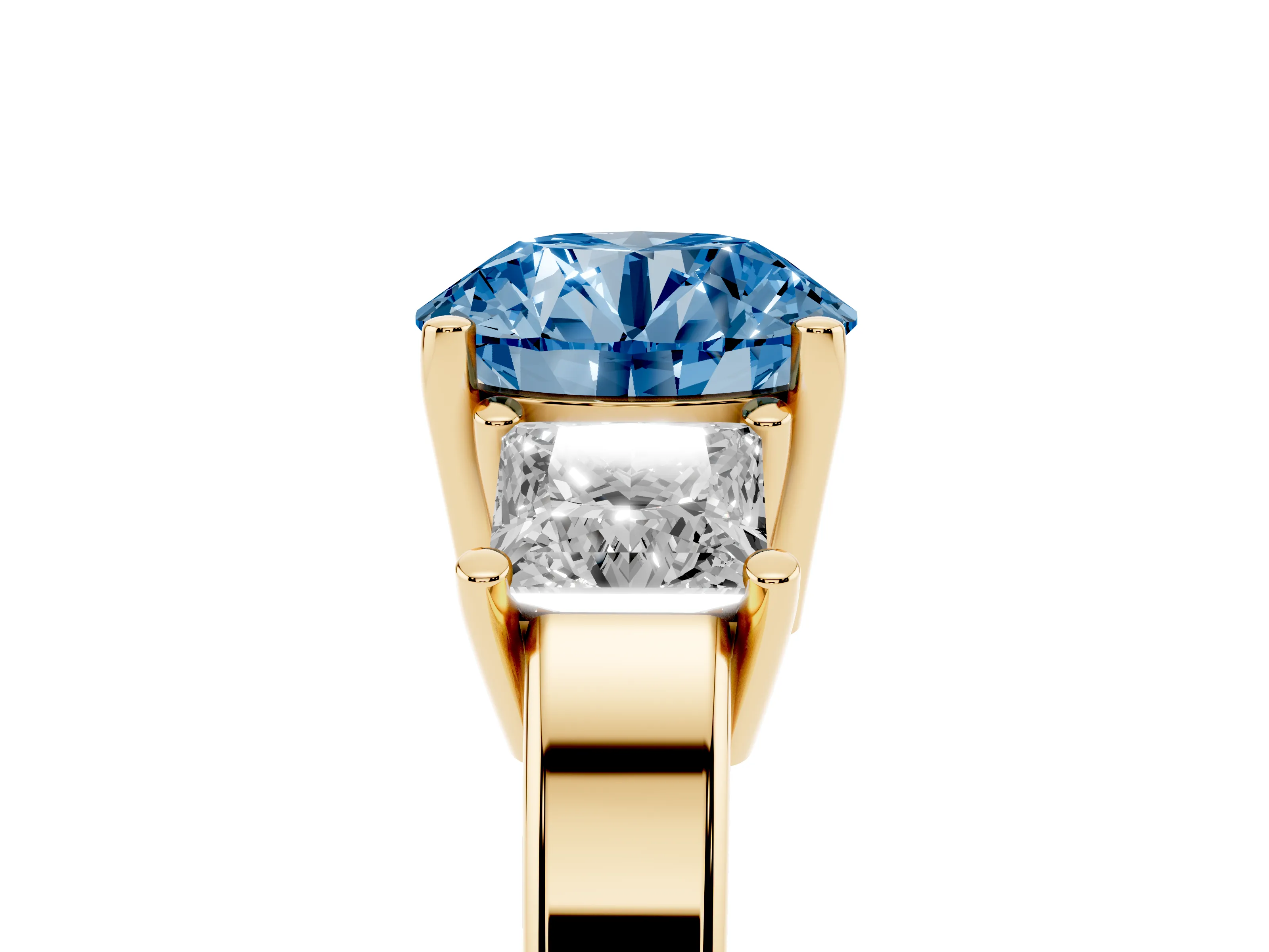 Fancy Blue Three-Stone Round Cut Diamond Solitaire Ring Set in Yellow gold with Prong Setting