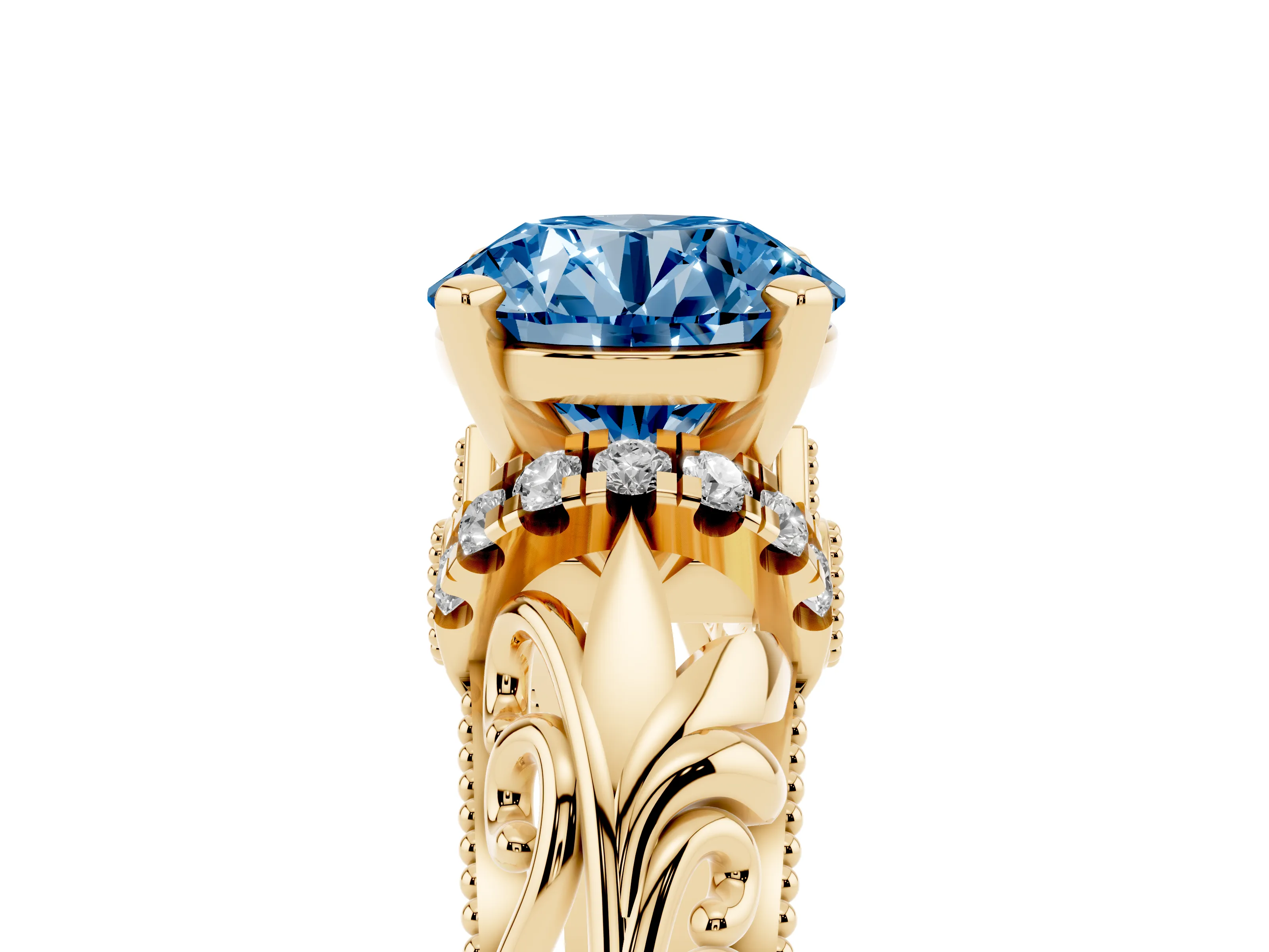 Fancy Blue Round Cut Diamond Filigree Halo Engagement Ring Set in Yellow gold with Prong Setting