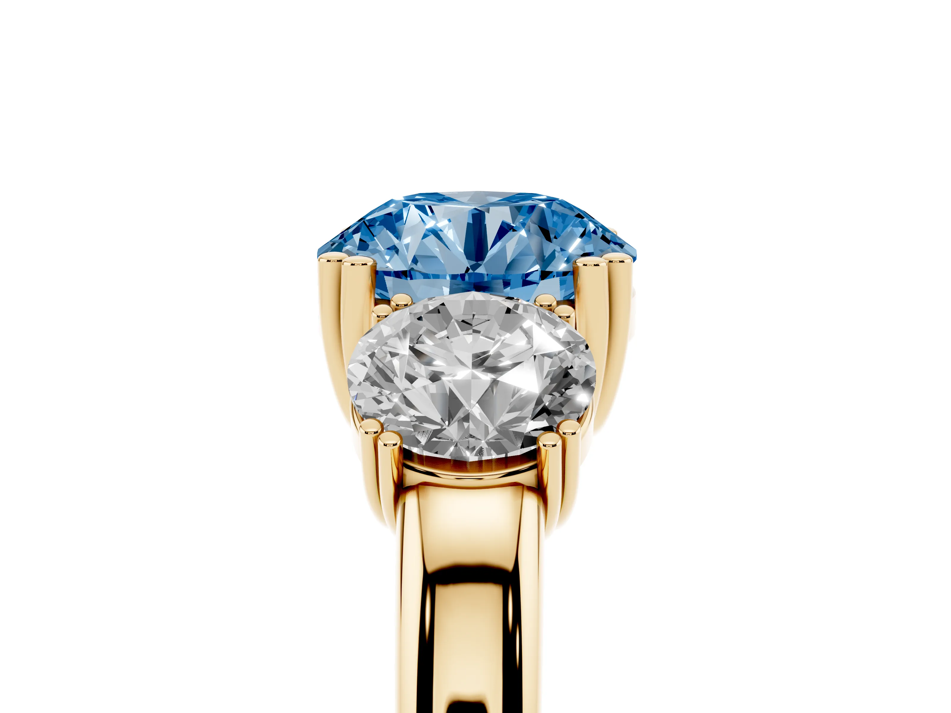 Fancy Blue Round Cut Diamond Three-Stone Ring Set in Yellow gold with Polished Channel-Set Band