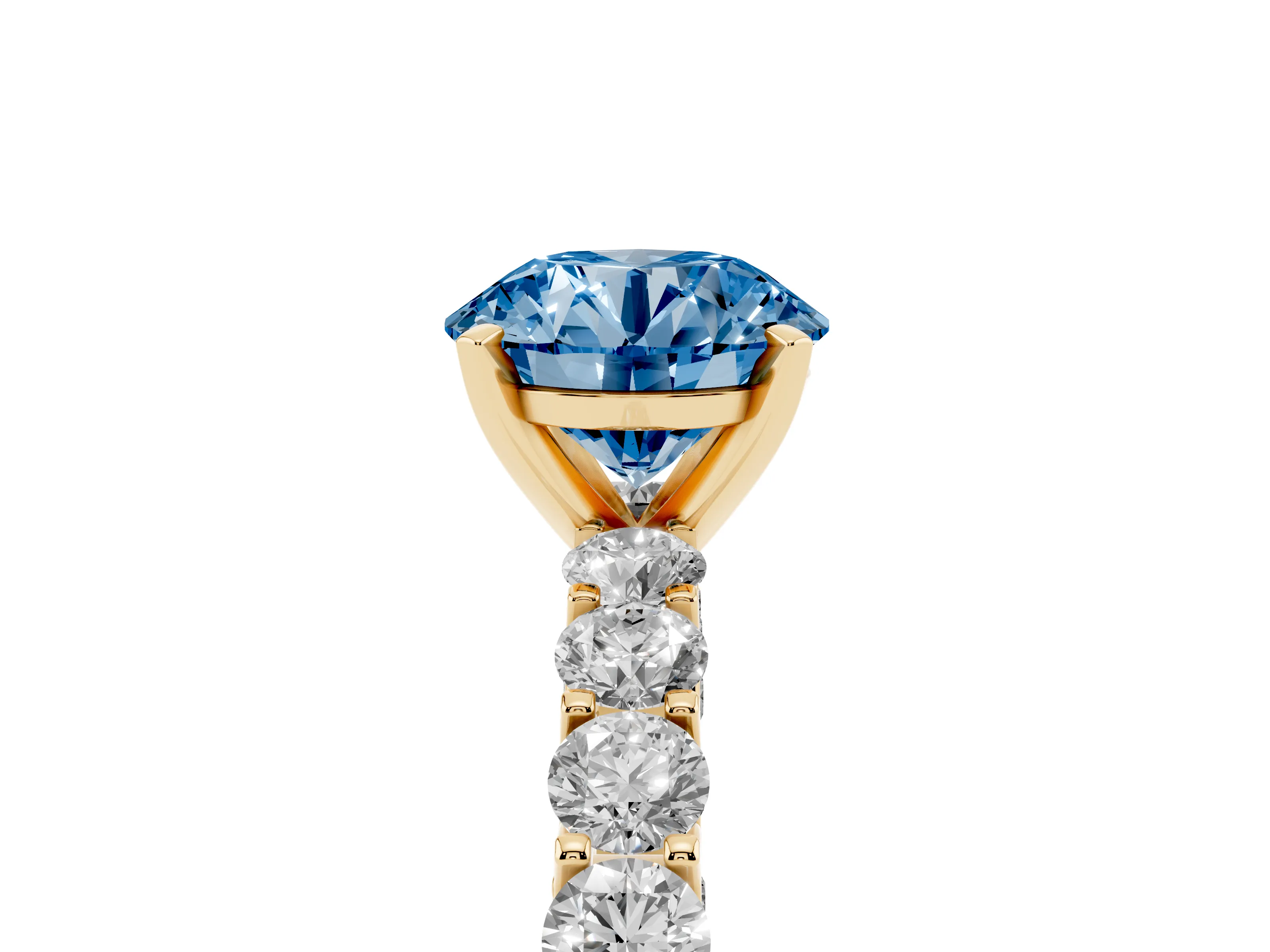 Fancy Blue Round Cut Diamond Solitaire Ring Set in Yellow gold with Shared Prong Pavé Band
