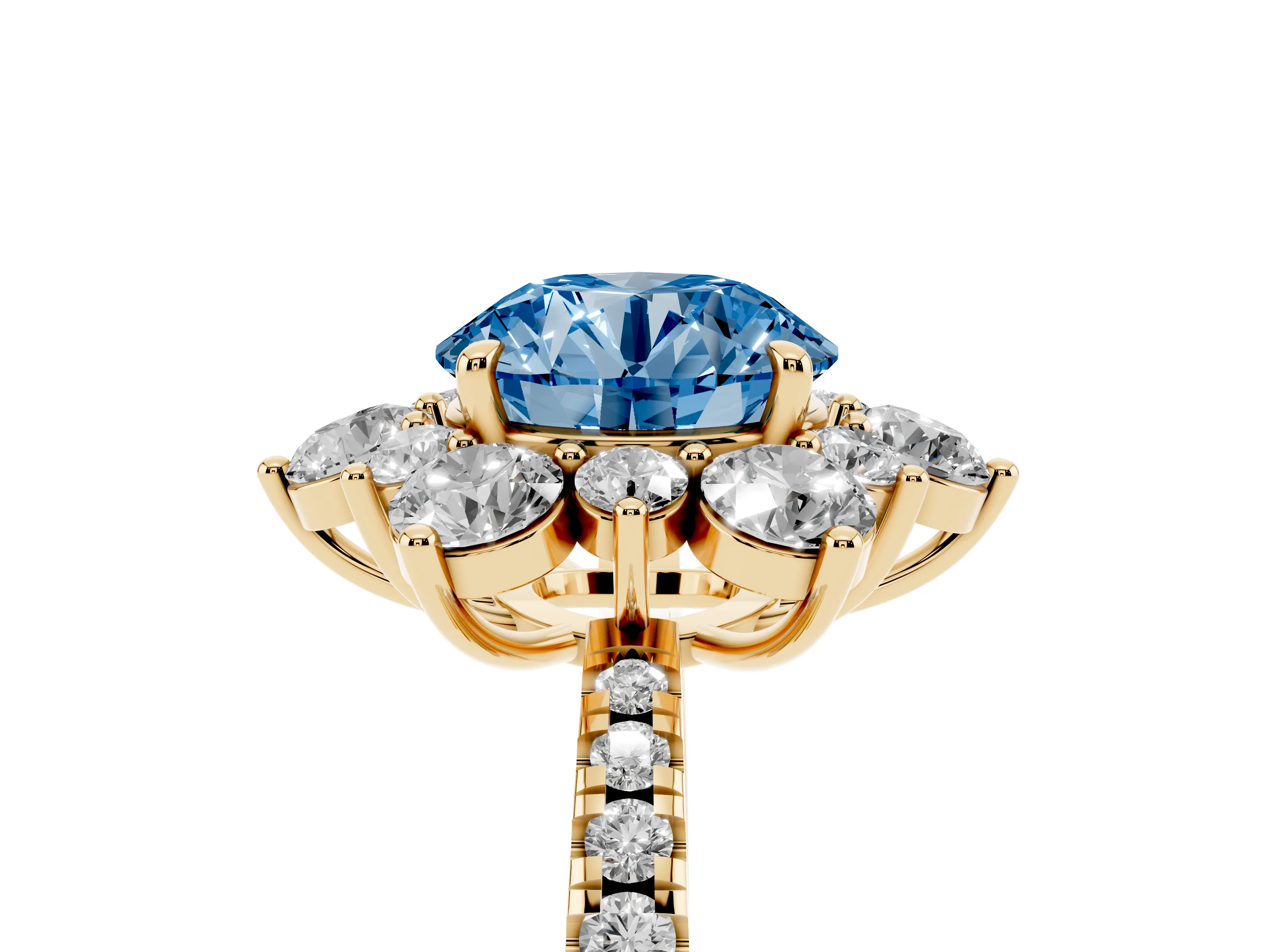 Fancy Blue Round Cut Diamond Floral Halo Ring Set in Yellow gold with Round Pavé Band and Prong Setting