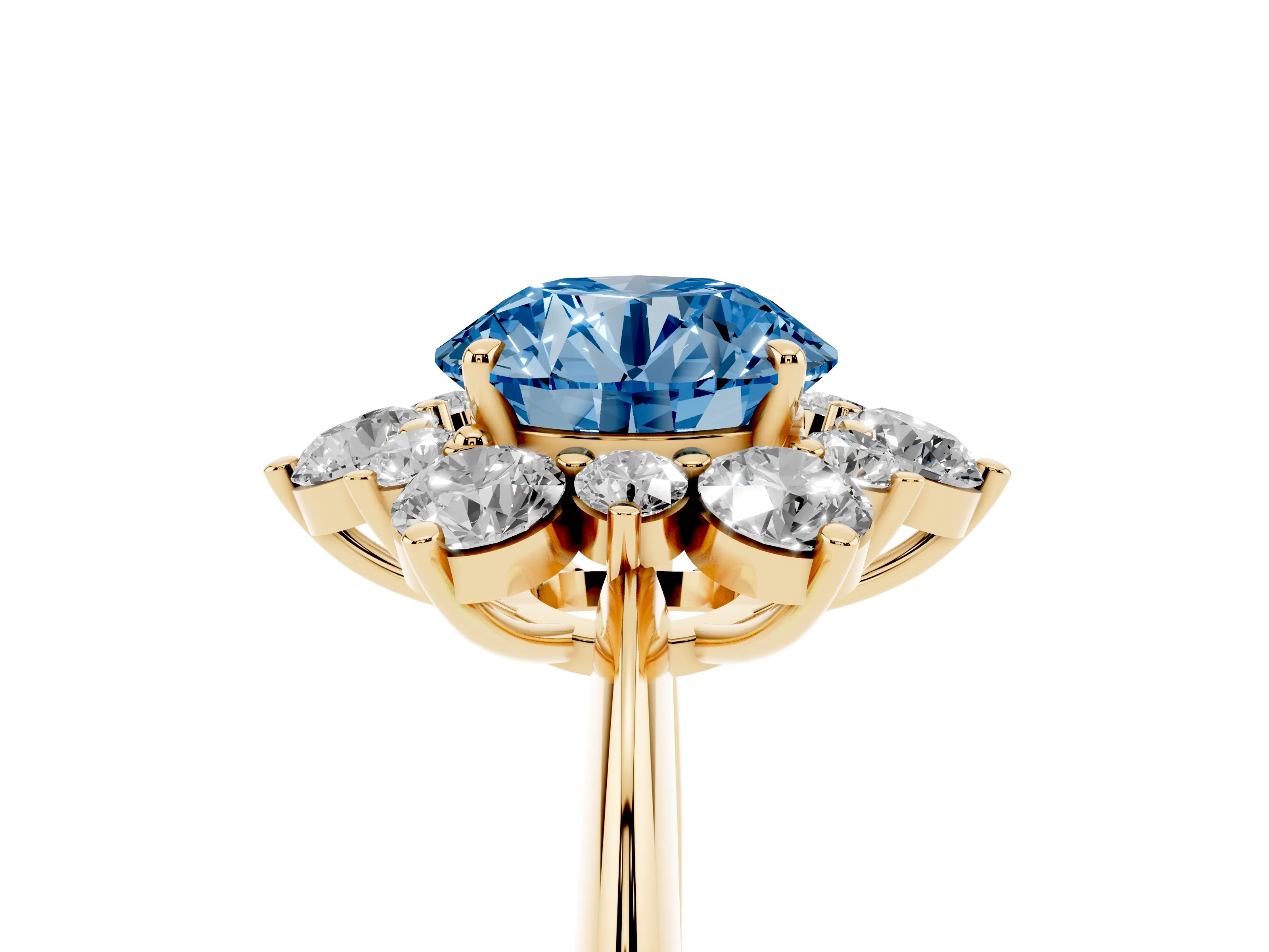Fancy Blue Round Cut Diamond Cluster Halo Ring Set in Yellow gold with Solitaire Band and Prong Setting