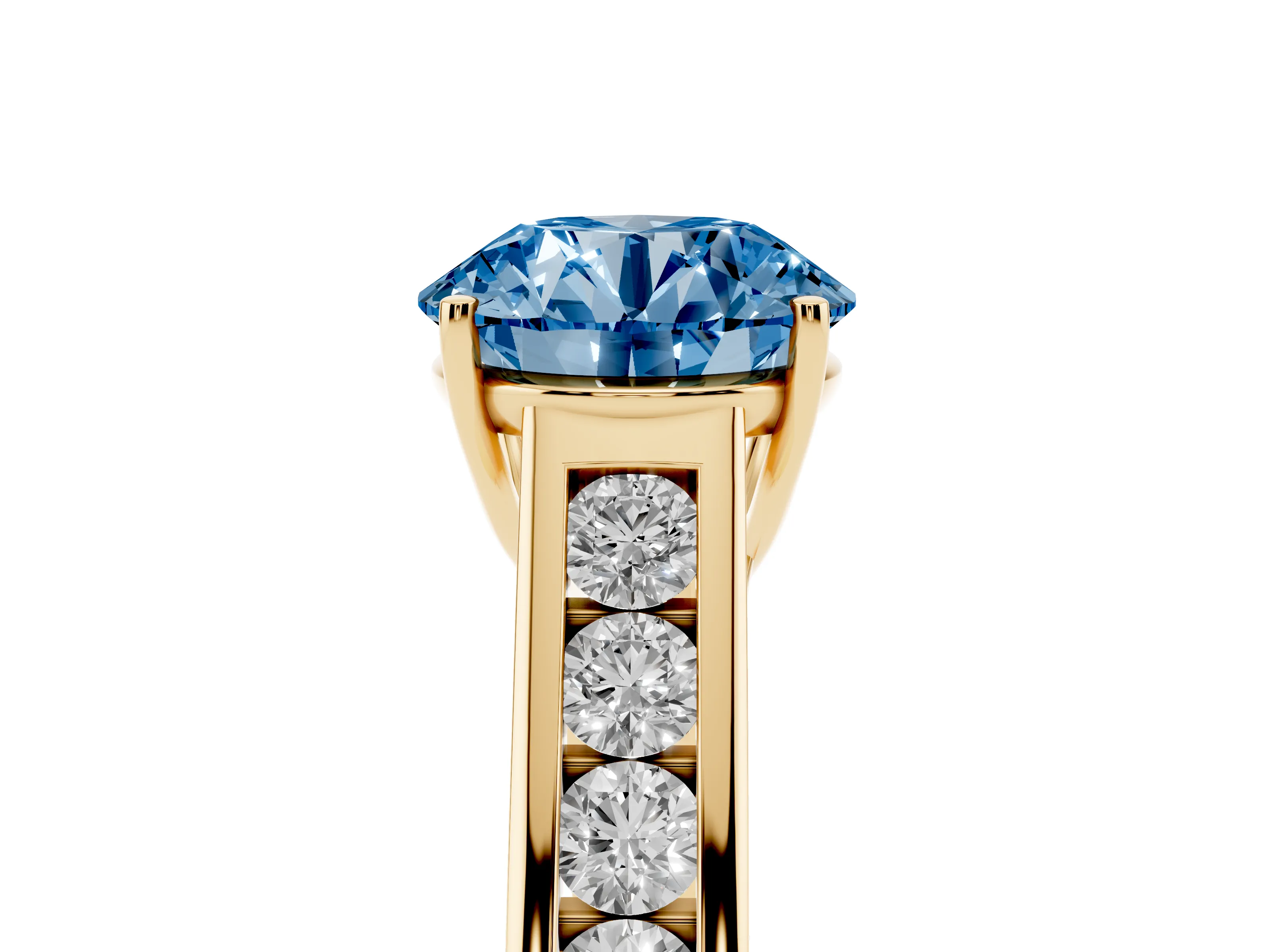 Fancy Blue Round Cut Diamond Solitaire Channel-Set Engagement Ring Set in Yellow gold with Prong Setting