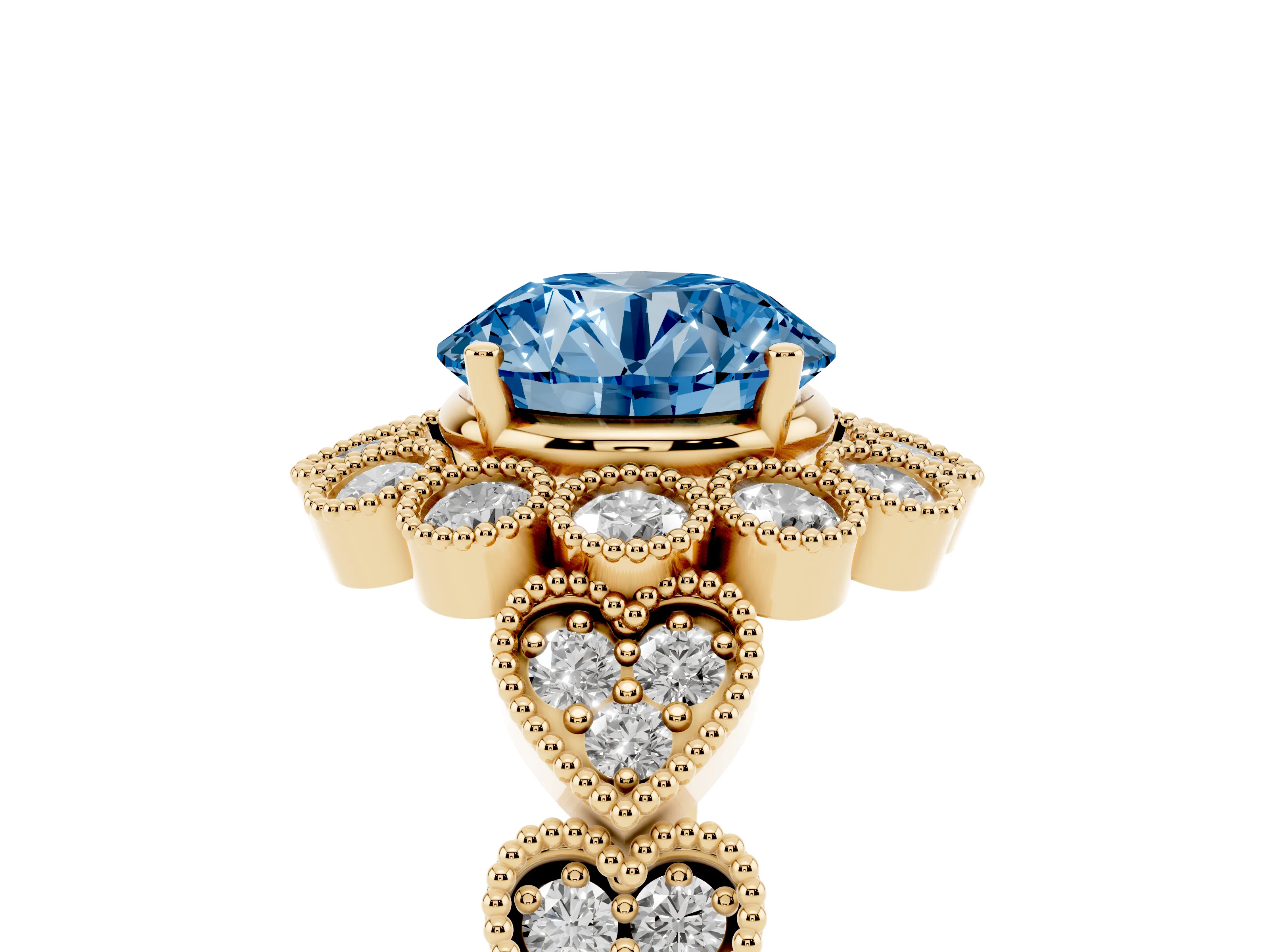 Fancy Blue Round Cut Diamond Solitaire Ring Set in Yellow gold with Milgrain Pavé Heart Band