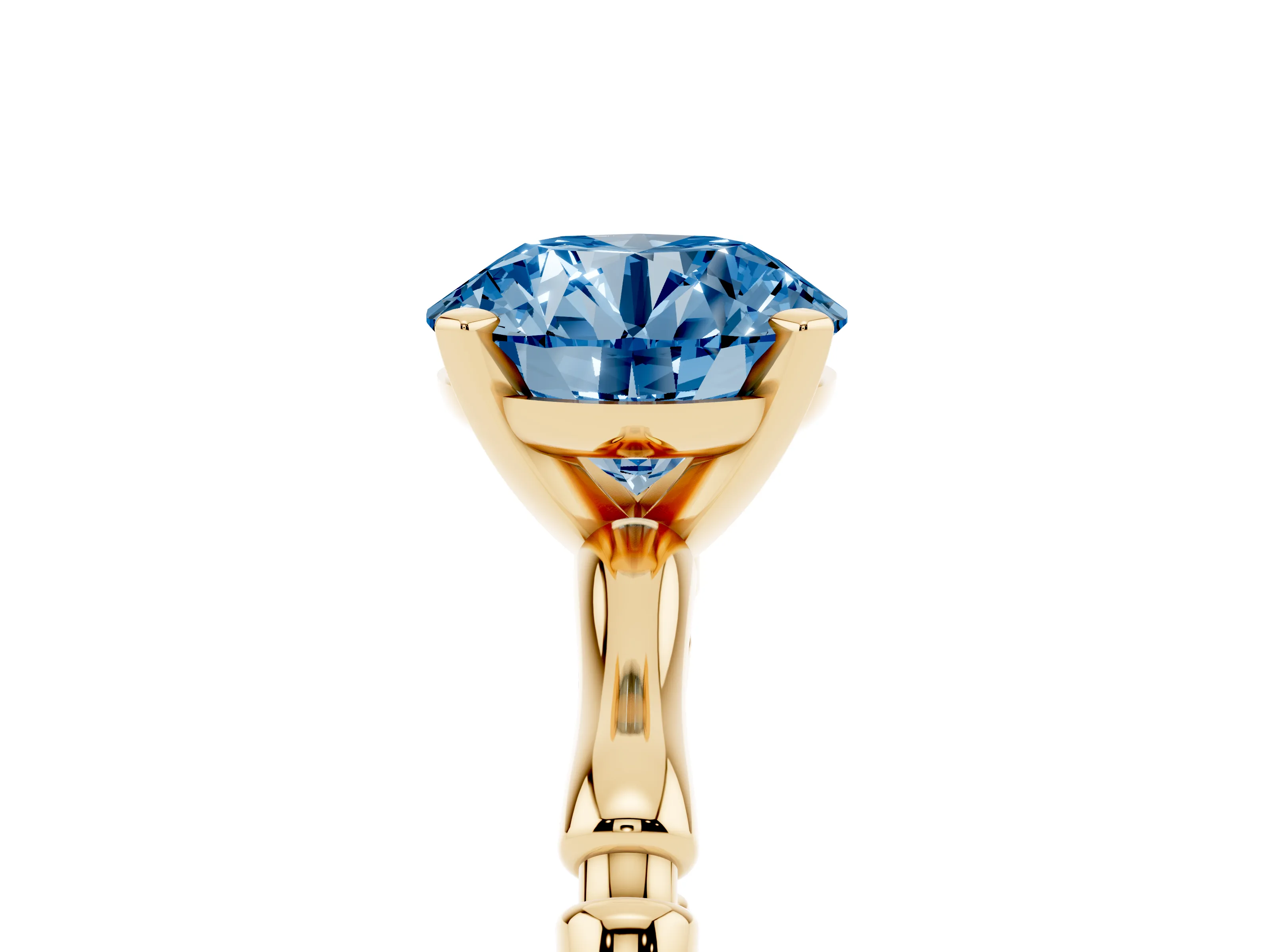 Fancy Blue Round Cut Diamond Solitaire Ring Set in Yellow gold with Bamboo Band and Prong Setting