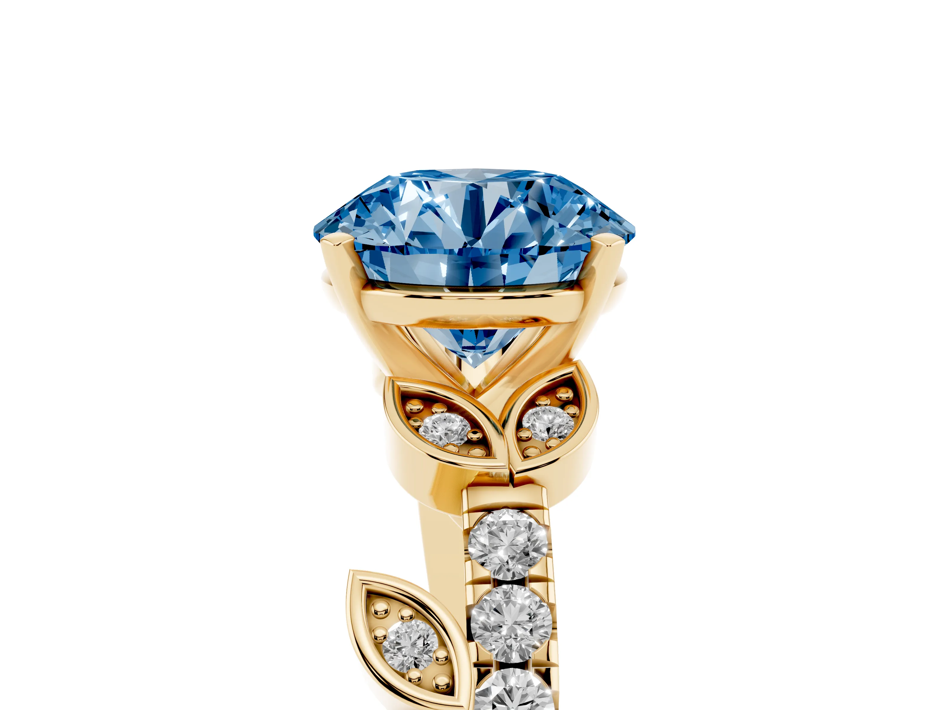 Fancy Blue Round Cut Diamond Solitaire Leaf-Inspired Ring Set in Yellow gold with Pavé Band and Prong Setting