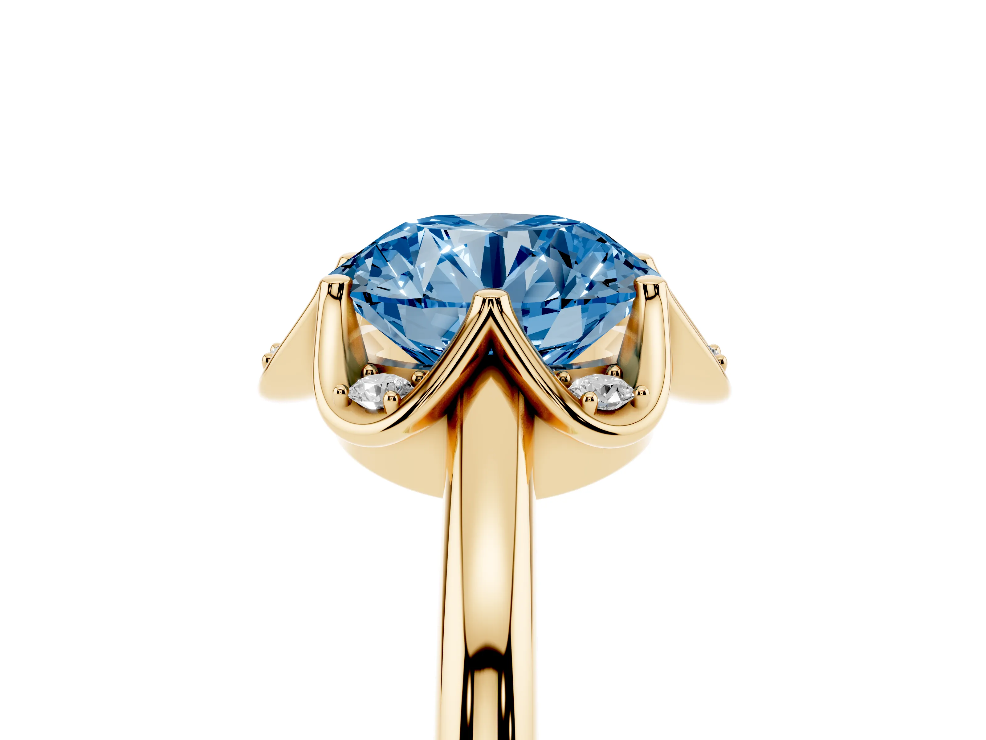Fancy Blue Round Cut Diamond Round Cluster Halo Ring Set in Yellow gold with Solitaire Band and Prong Setting