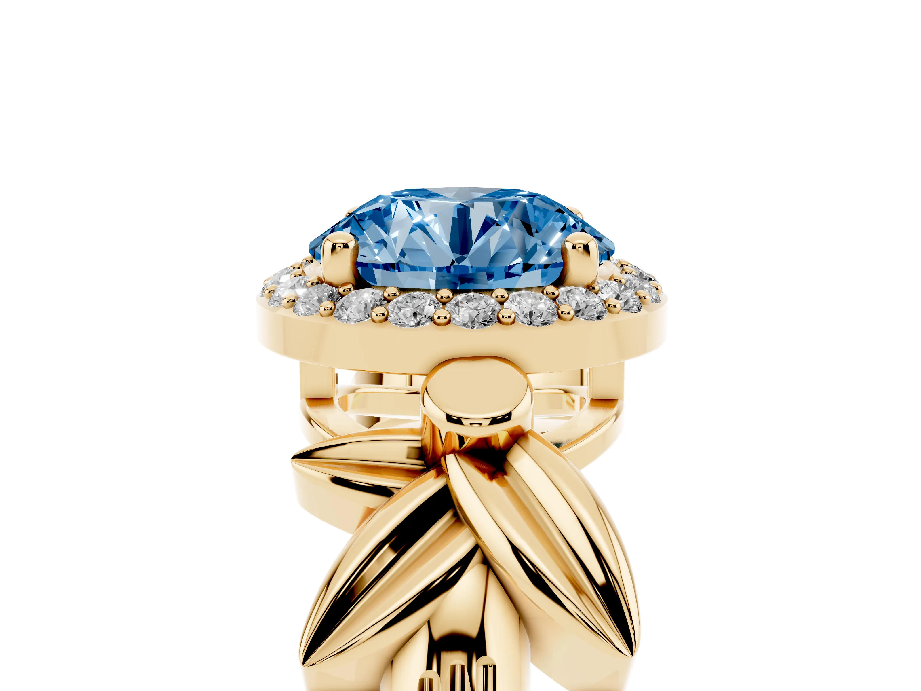 Fancy Blue Round Cut Diamond Halo Floral Band Ring Set in Yellow gold with Prong Setting