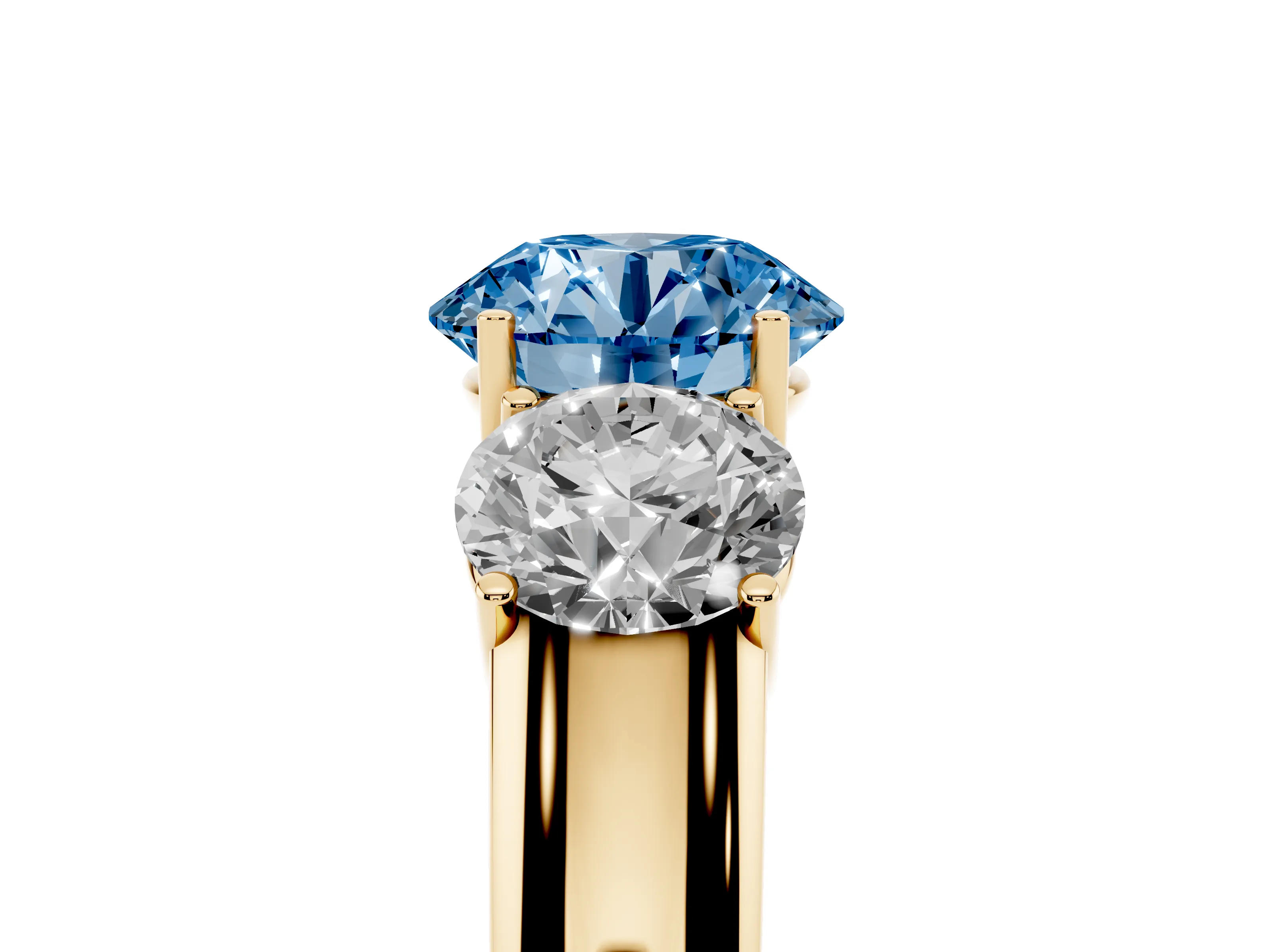 Fancy Blue Three-Stone Round Cut Diamond Ring Set in Yellow gold with Matching Prong Settings and Plain Band