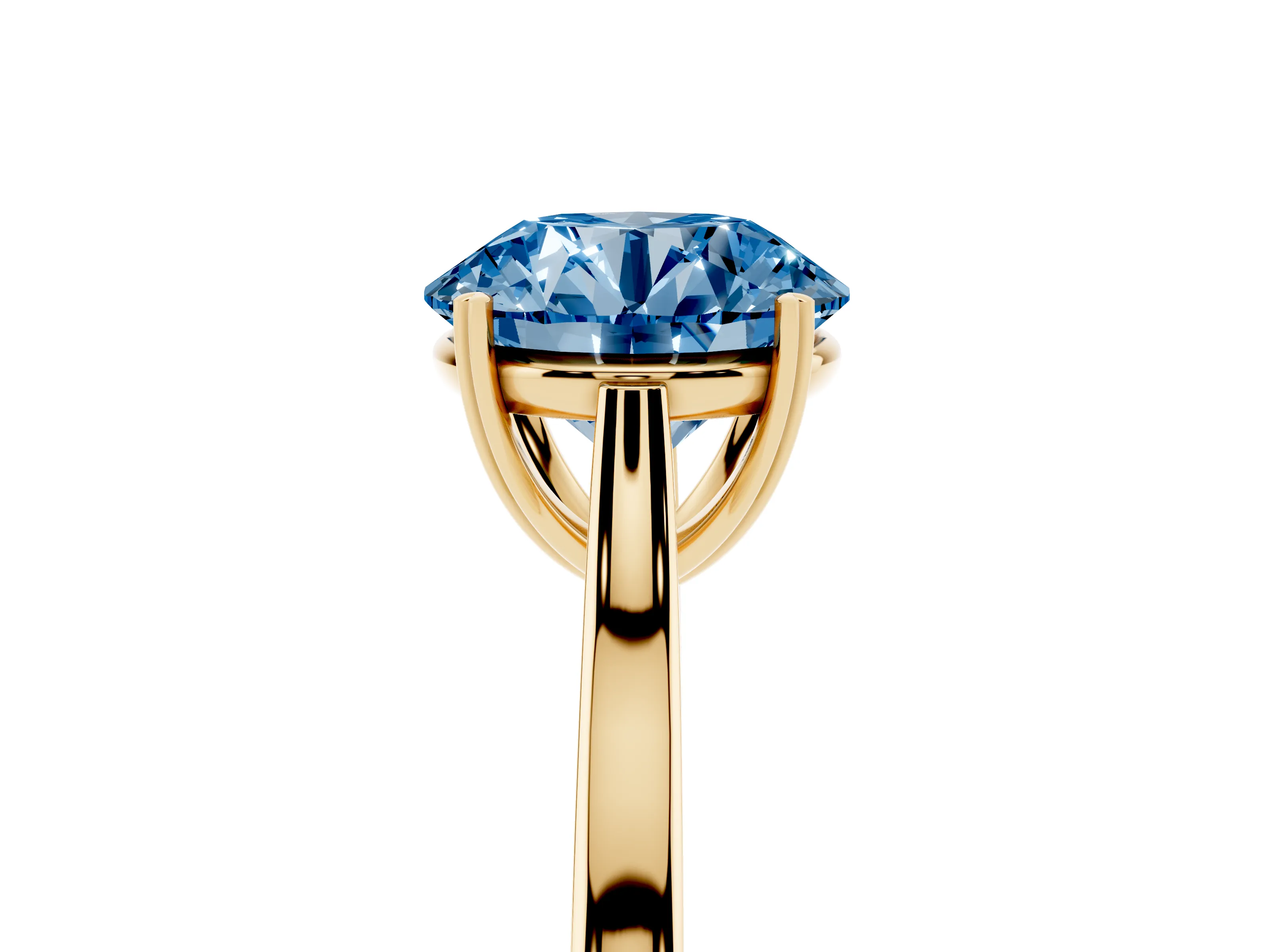 Fancy Blue Round Cut Diamond Solitaire Heart Prong Engagement Ring Set in Yellow gold with Tapered Band