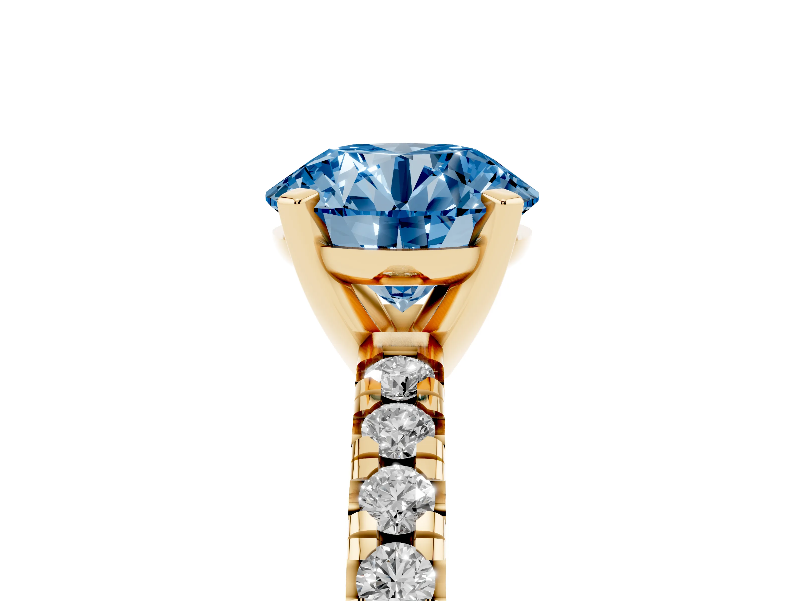 Fancy Blue Round Cut Diamond Solitaire Pavé Engagement Ring Set in Yellow gold with Round Band and Prong Setting