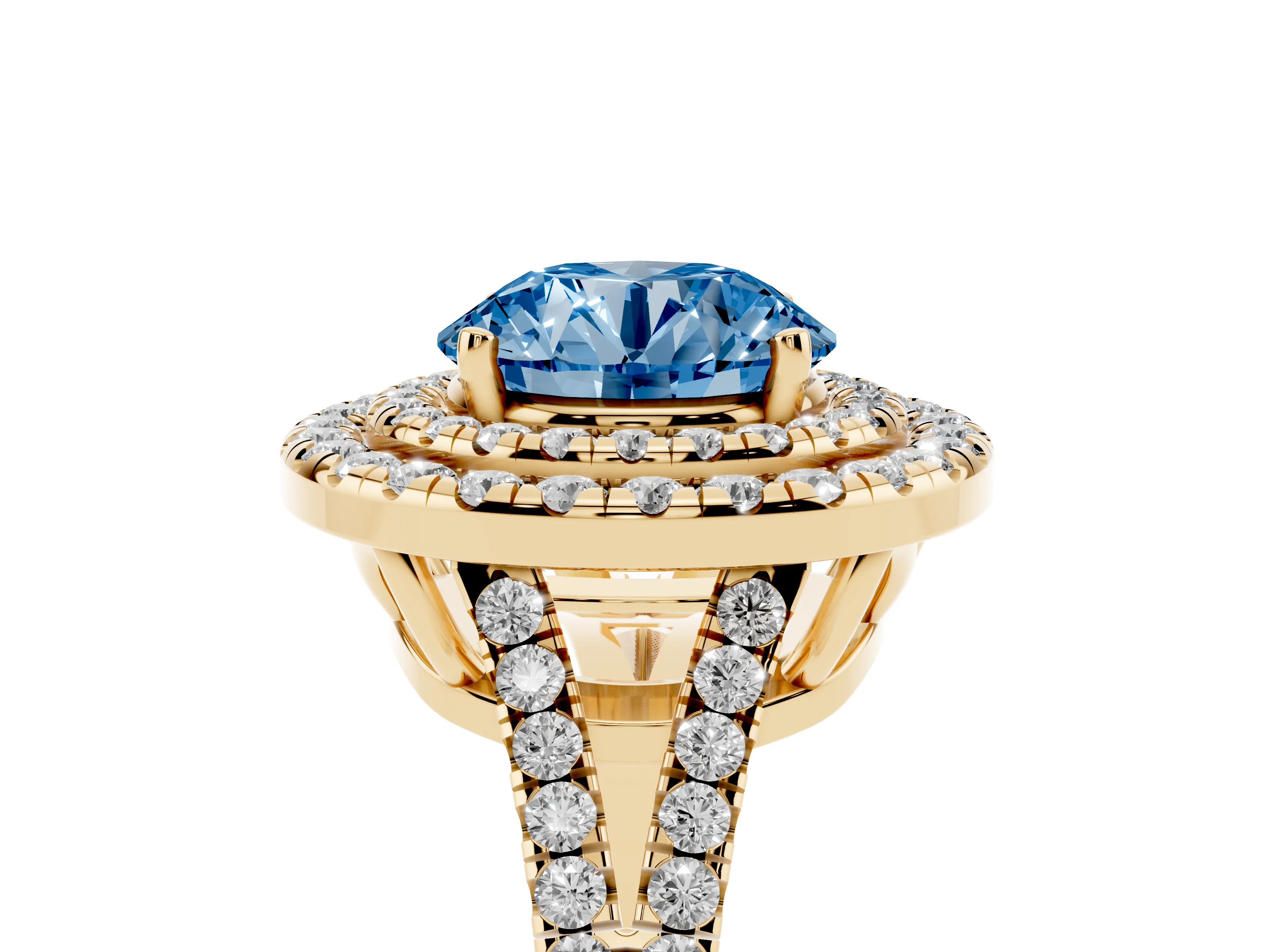 Fancy Blue Round Cut Diamond Double Halo Ring Set in Yellow gold with Pavé Band