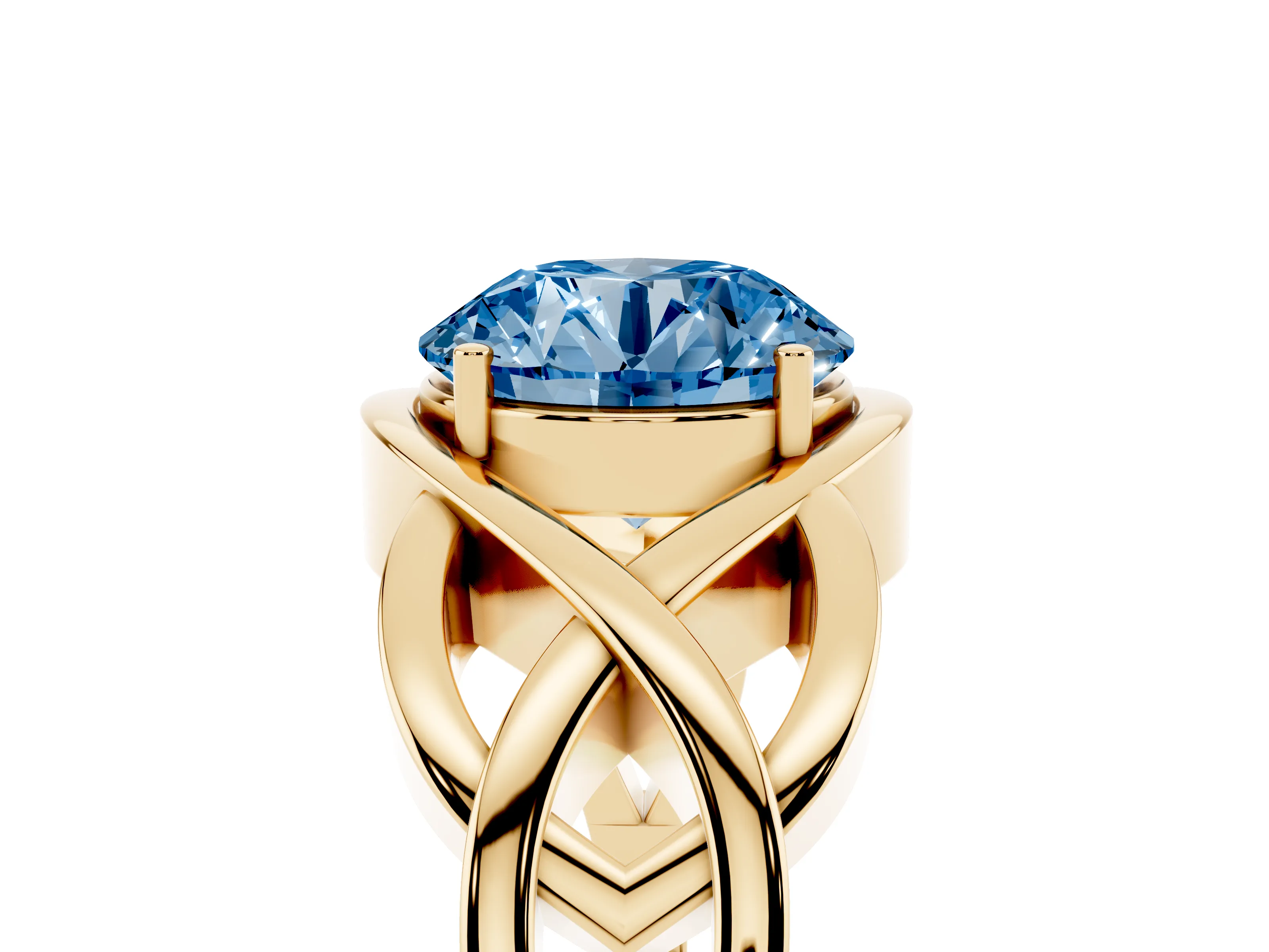 Fancy Blue Round Cut Diamond Solitaire Ring Set in Yellow gold with Intertwined Band