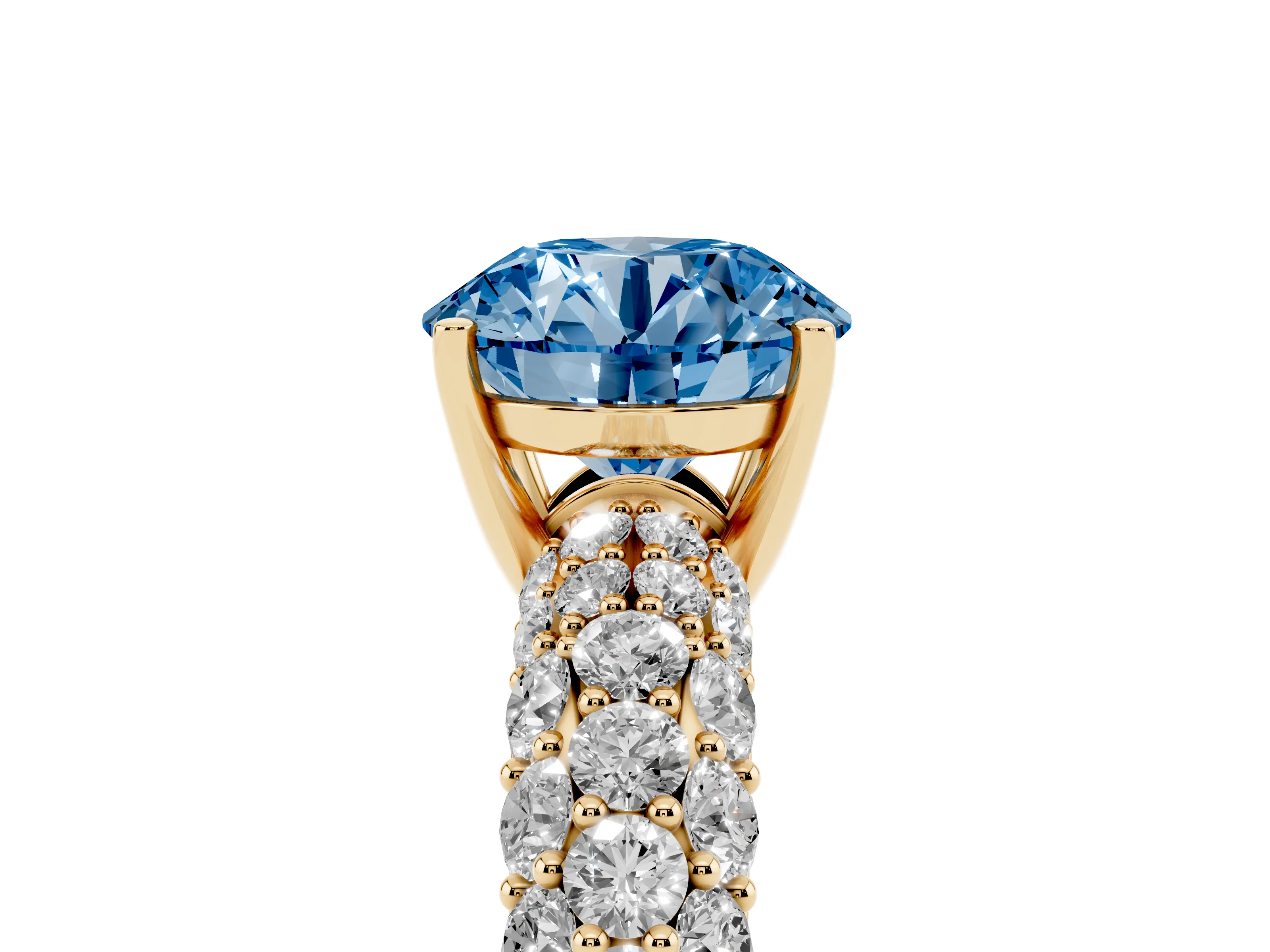 Fancy Blue Round Cut Diamond Pavé Band Solitaire Ring Set in Yellow gold with Close-Set Accent Stones and Prong Setting