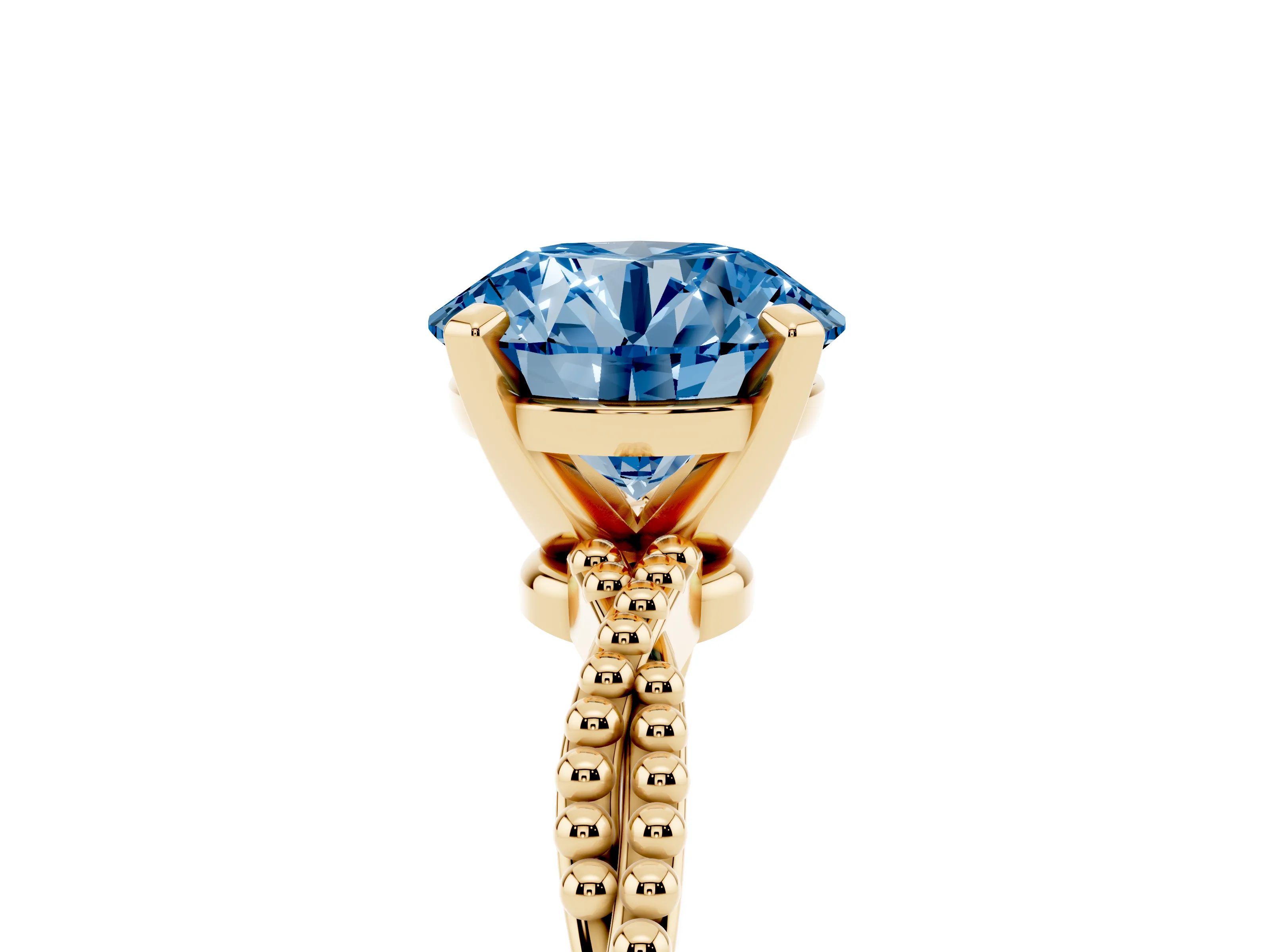 Fancy Blue Round Cut Diamond Solitaire Ring Set in Yellow gold with Twisted Band and Bead Prong Setting