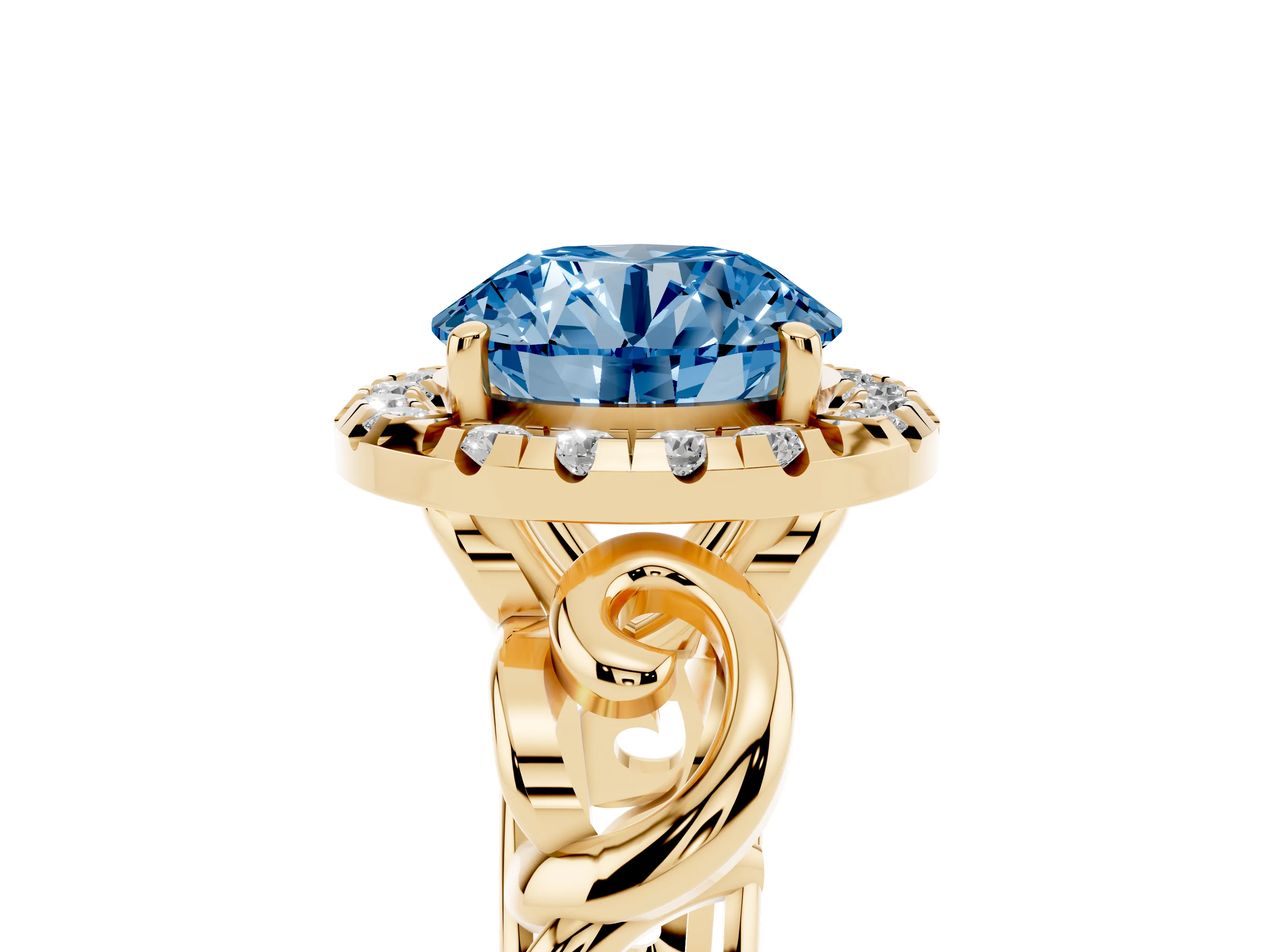 Fancy Blue Round Cut Diamond Halo Ring Set in Yellow gold with Scrollwork Band and Prong Setting