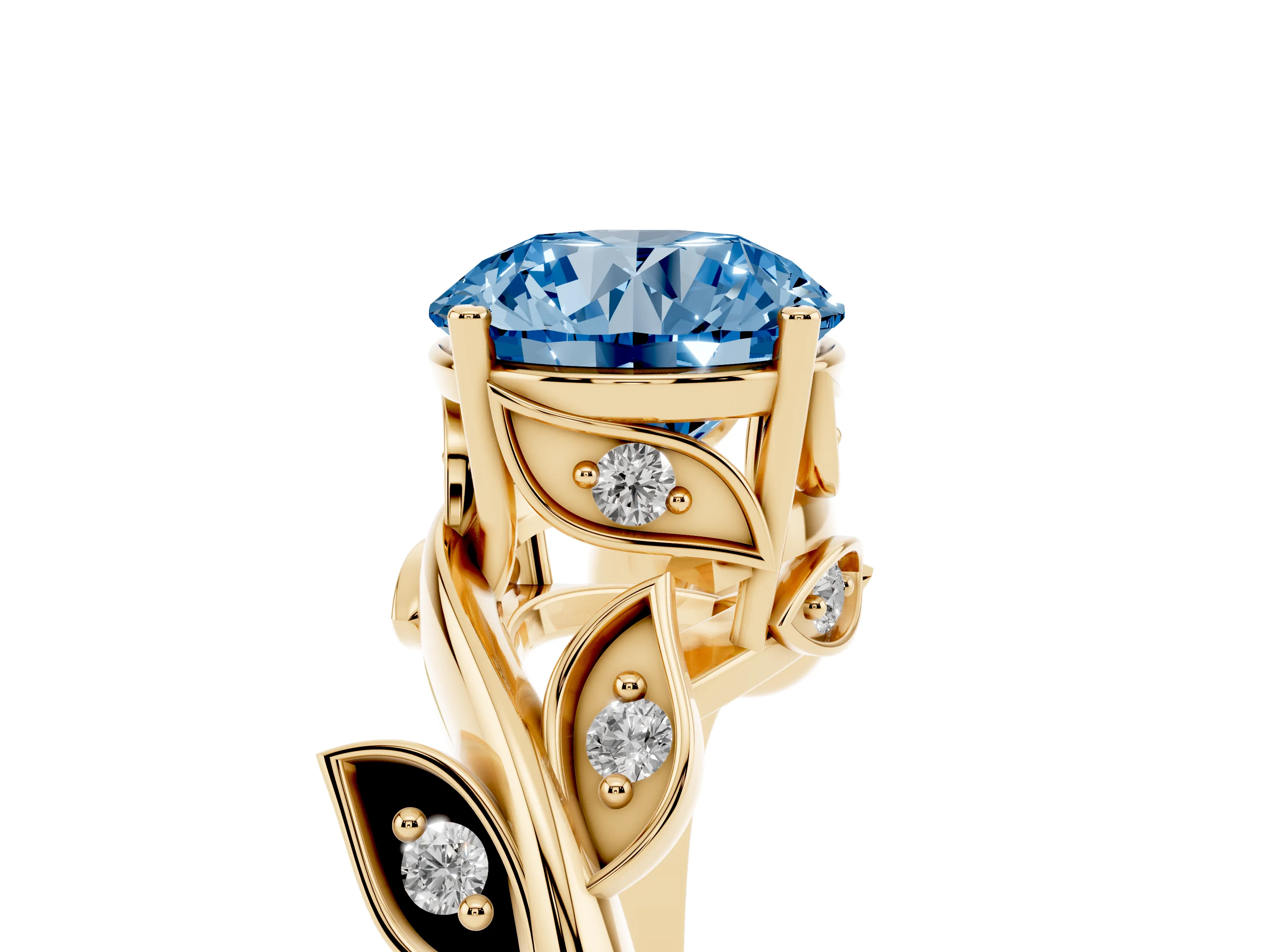 Fancy Blue Round Cut Diamond Solitaire Twist Engagement Ring Set in Yellow gold with Pavé Leaf Accents