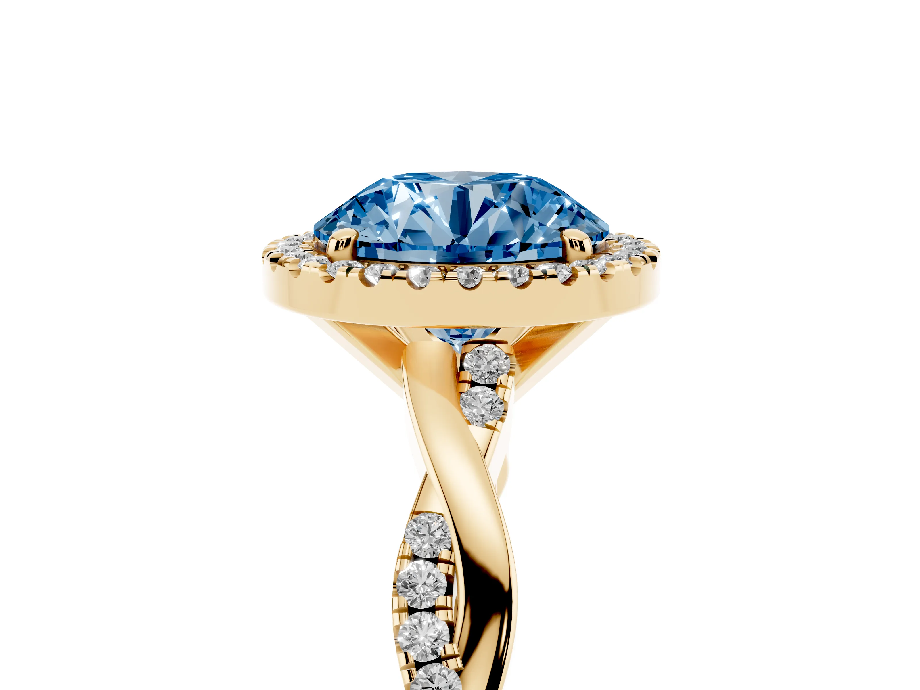 Fancy Blue Round Cut Diamond Halo Twisted Band Ring Set in Yellow gold with Prong Setting