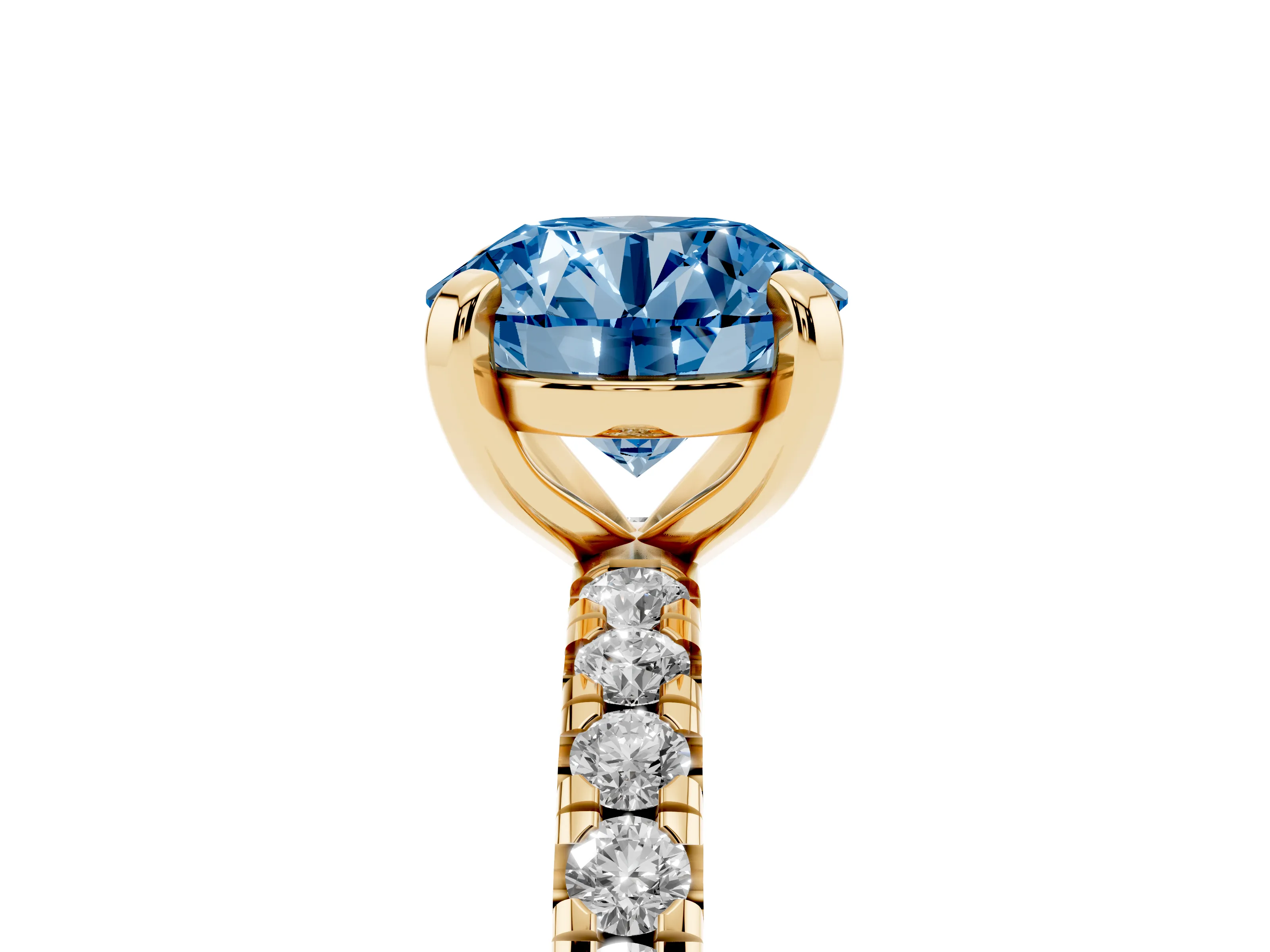 Fancy Blue Round Cut Diamond Pavé Solitaire Ring Set in Yellow gold with Round Band and Prong Setting