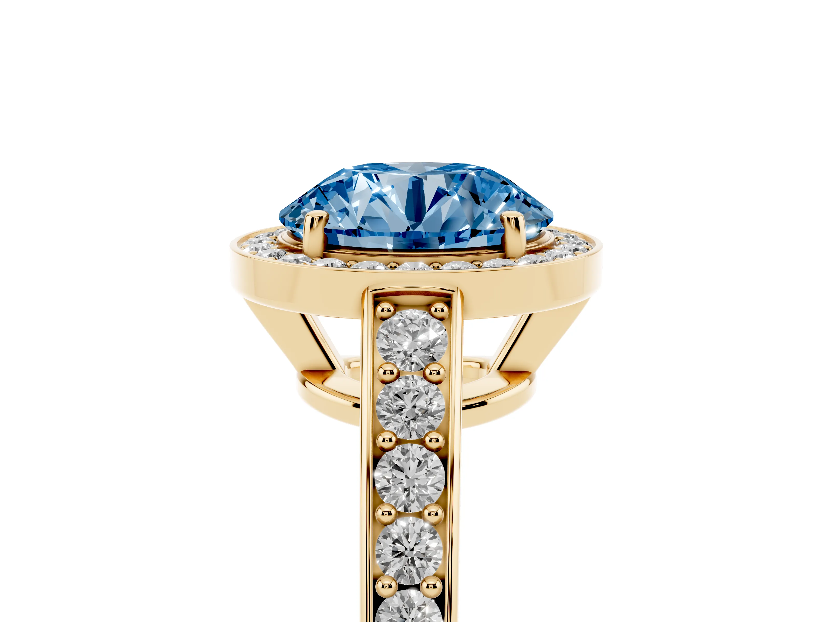 Fancy Blue Round Cut Diamond Halo Pavé Engagement Ring Set in Yellow gold with Bezel Setting