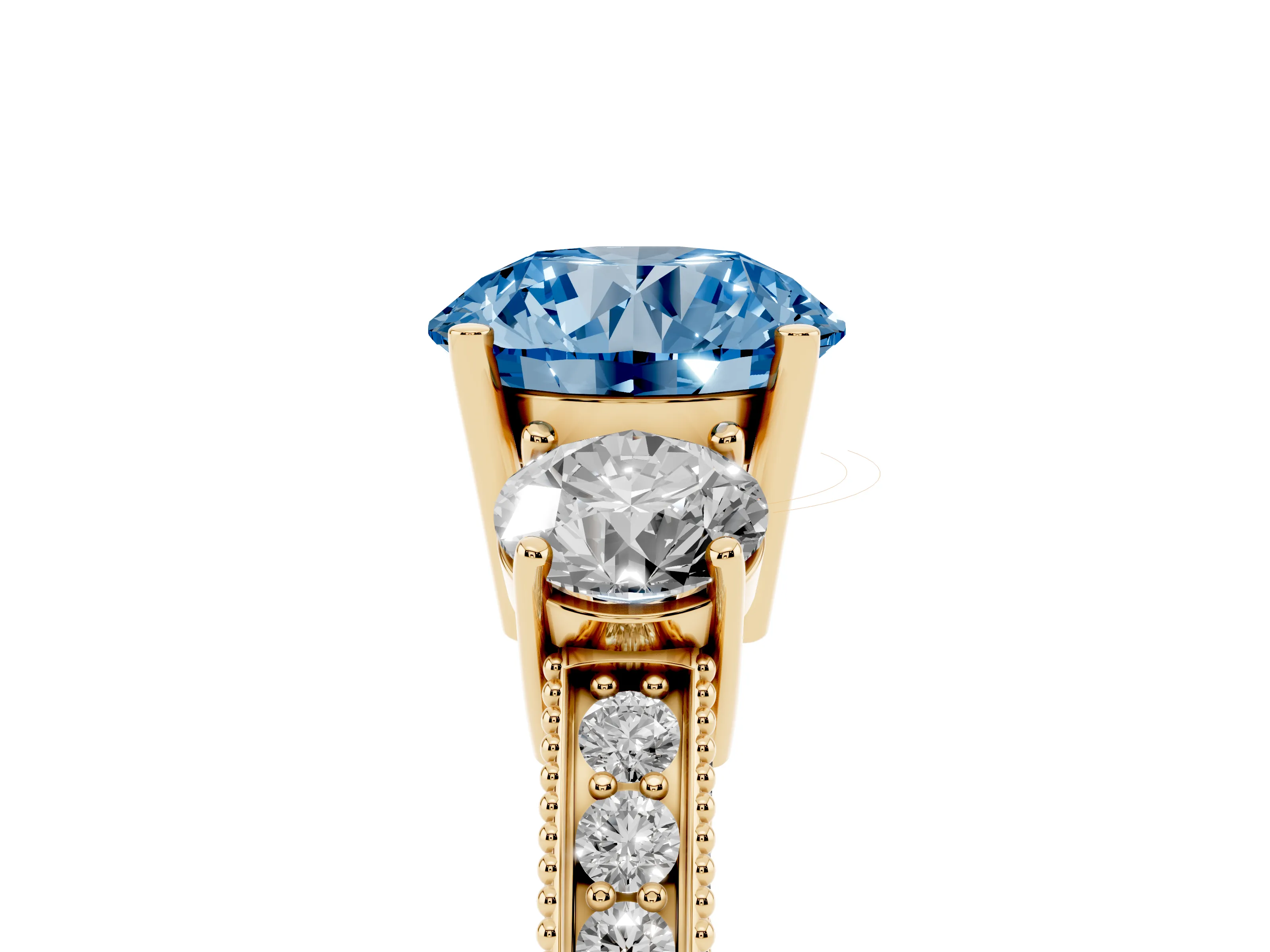 Fancy Blue Round Cut Diamond Three-Stone Ring Set in Yellow gold with Round Side Stones and Pavé Band