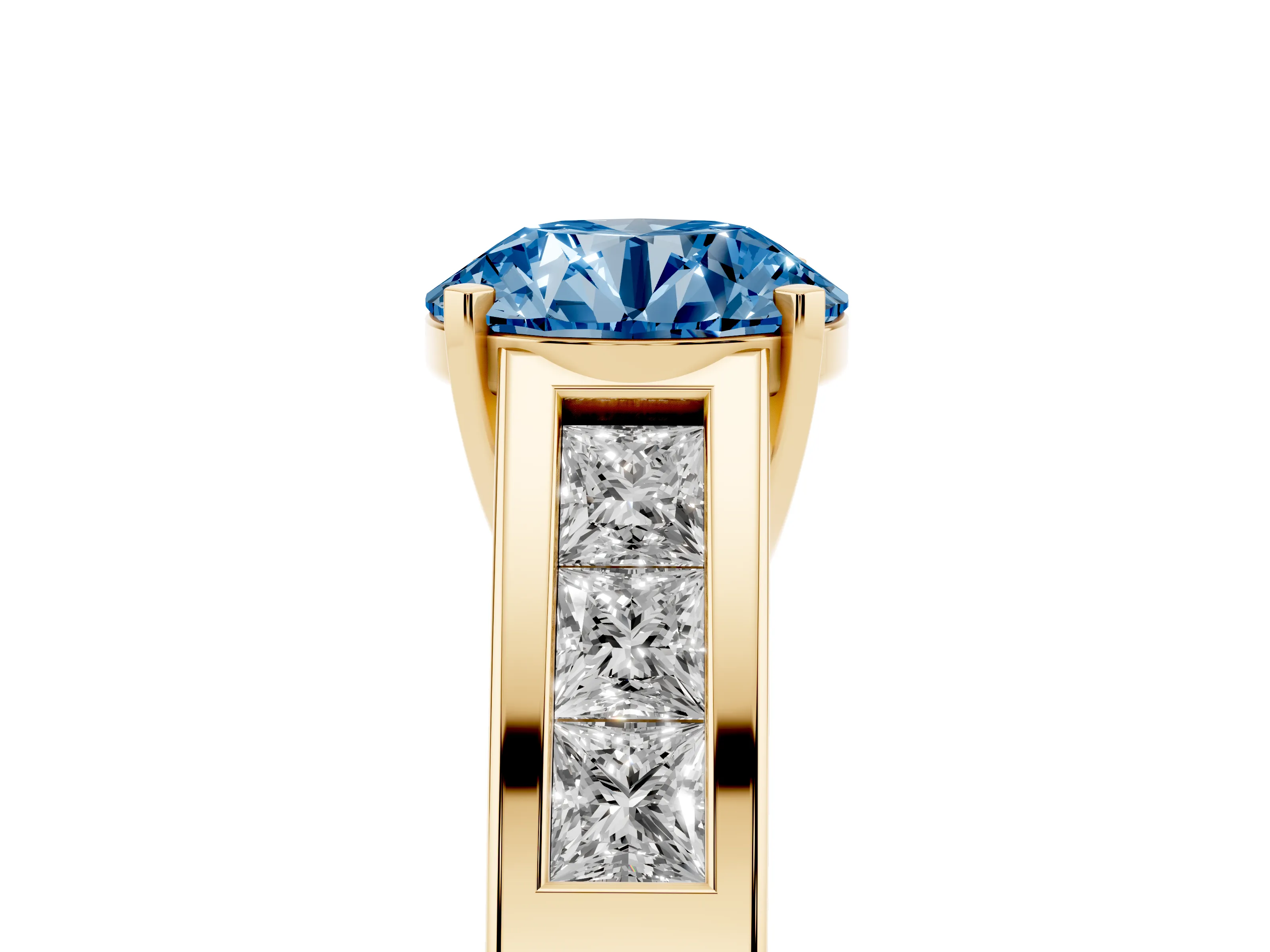 Fancy Blue Round Cut Diamond Solitaire Ring Set in Yellow gold with Channel-Set Accent Stones and Prong Setting