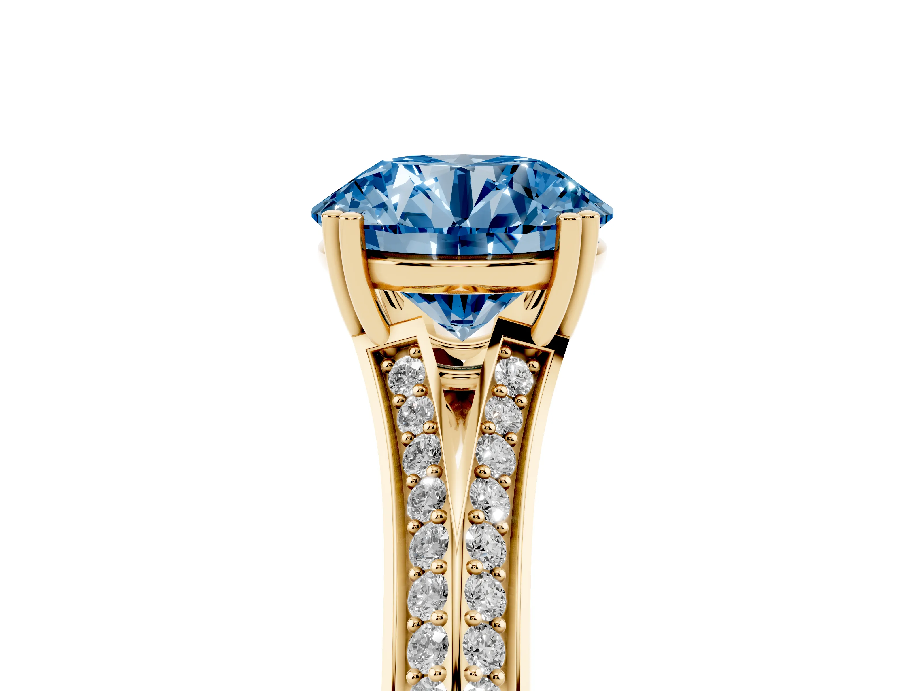 Fancy Blue Round Cut Diamond Split Shank Pavé Engagement Ring Set in Yellow gold with Prong-Set Center Stone