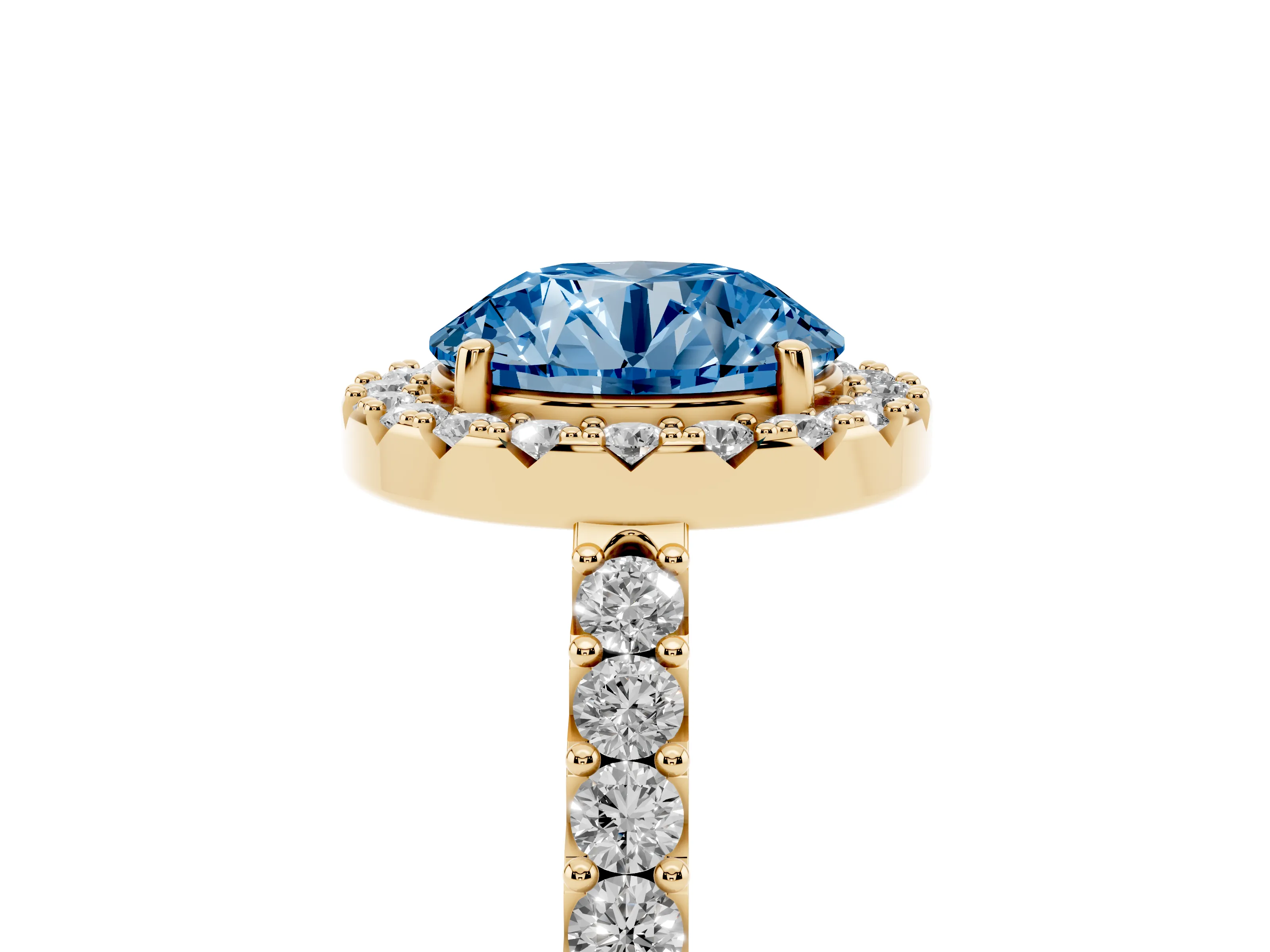 Fancy Blue Round Cut Diamond Halo Pavé Solitaire Ring Set in Yellow gold with Prong-Set Center Stone
