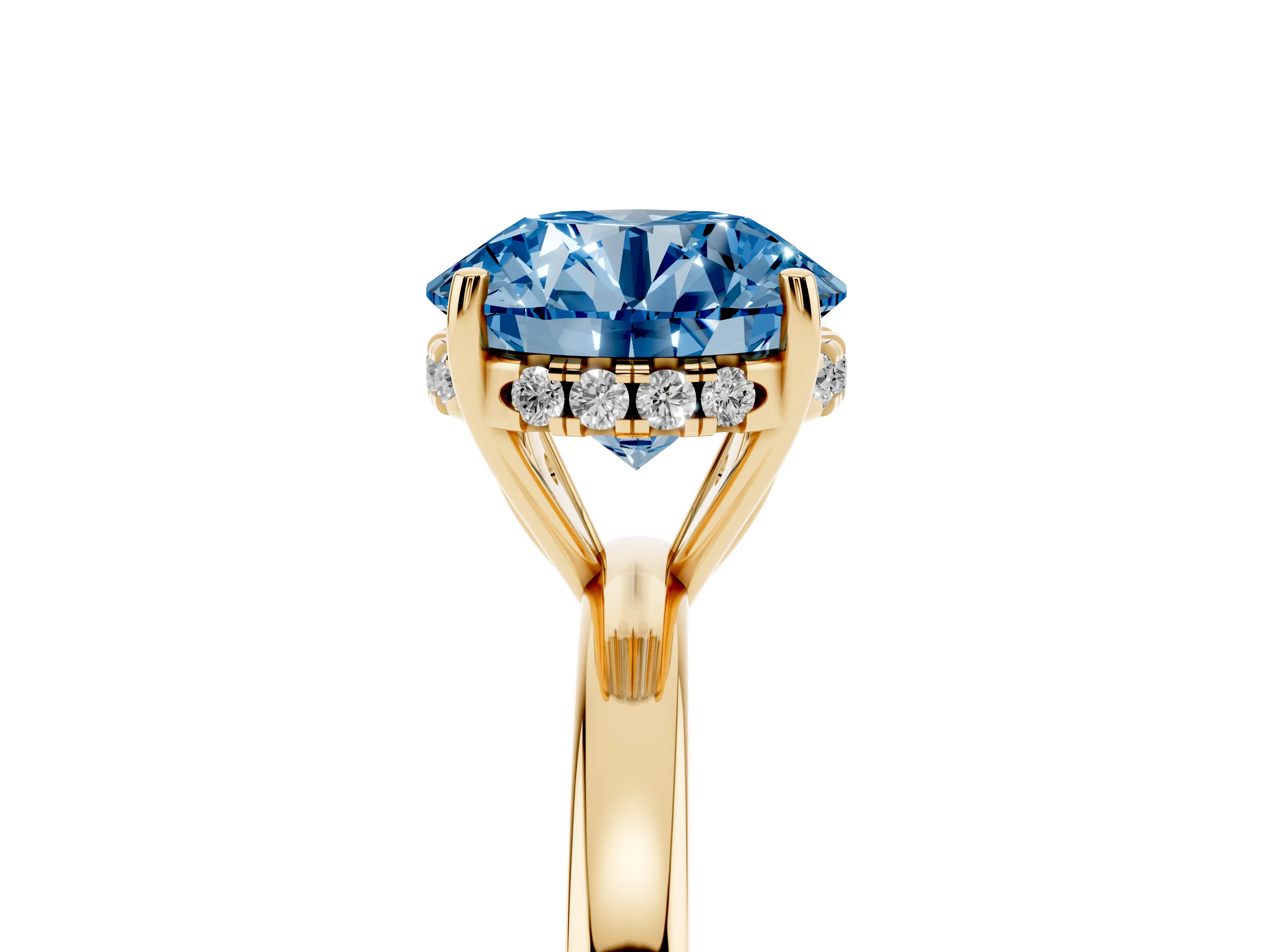Fancy Blue Round Cut Diamond Solitaire Ring Set in Yellow gold with Plain Band and Prong Setting