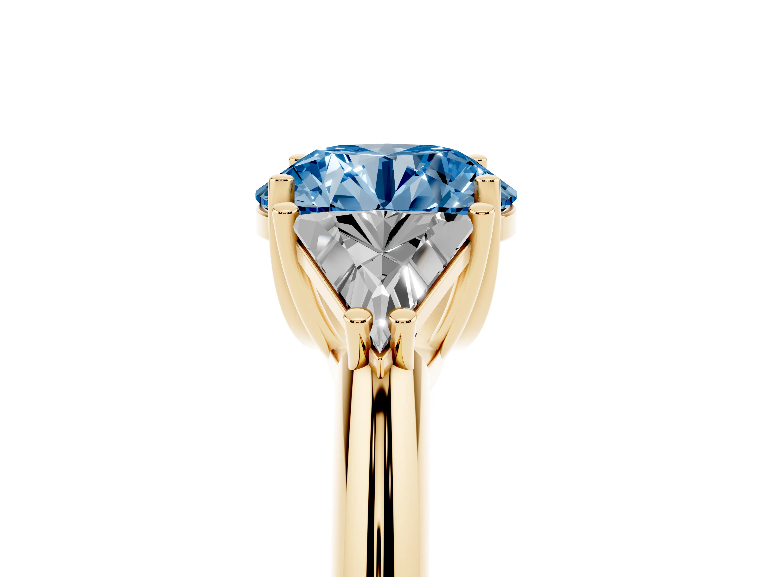 Fancy Blue Round Cut Diamond Three-Stone Engagement Ring Set in Yellow gold with Trillion Side Stones