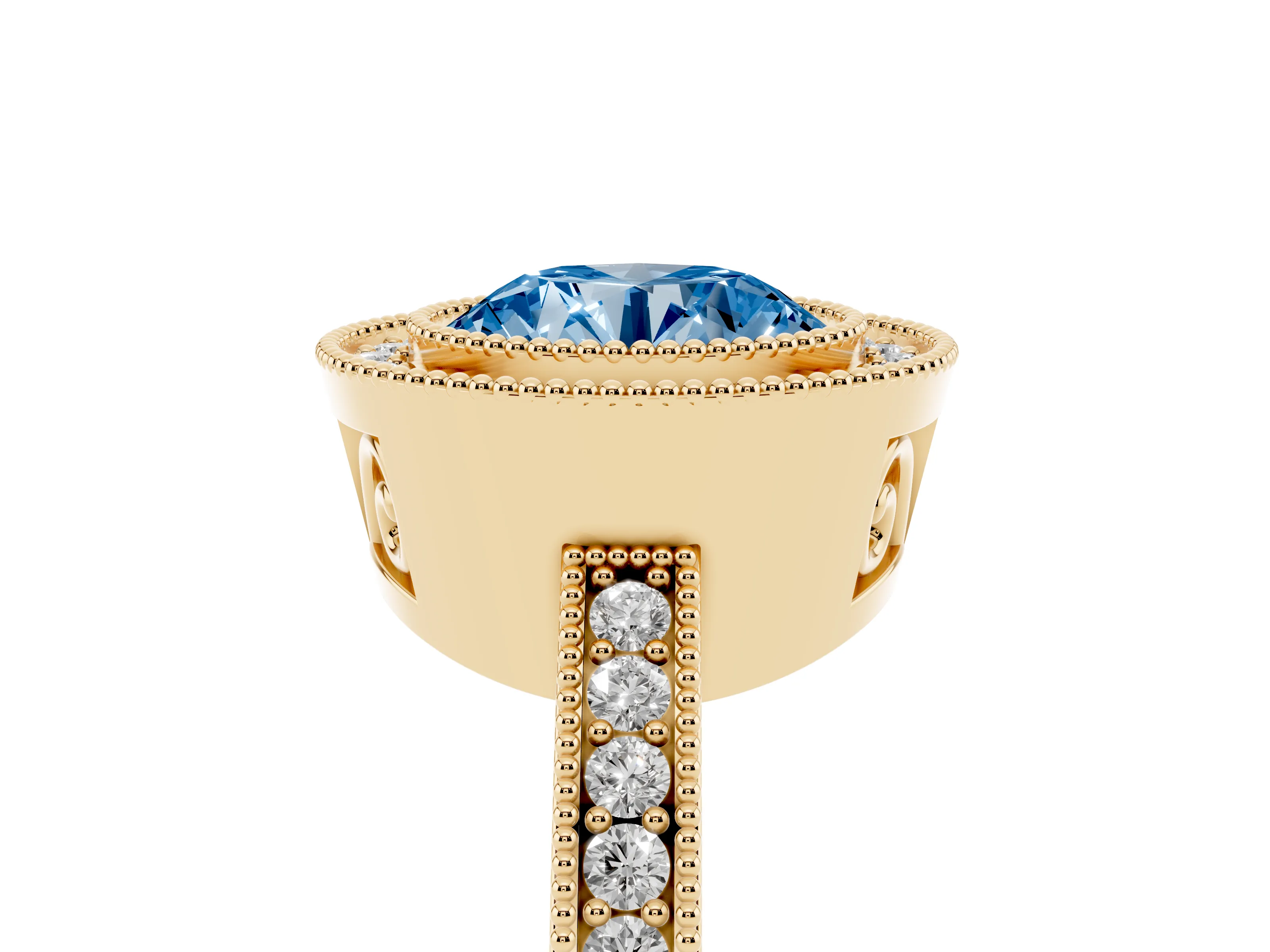 Fancy Blue Round Cut Diamond Round Halo Ring Set in Yellow gold with Pavé Band