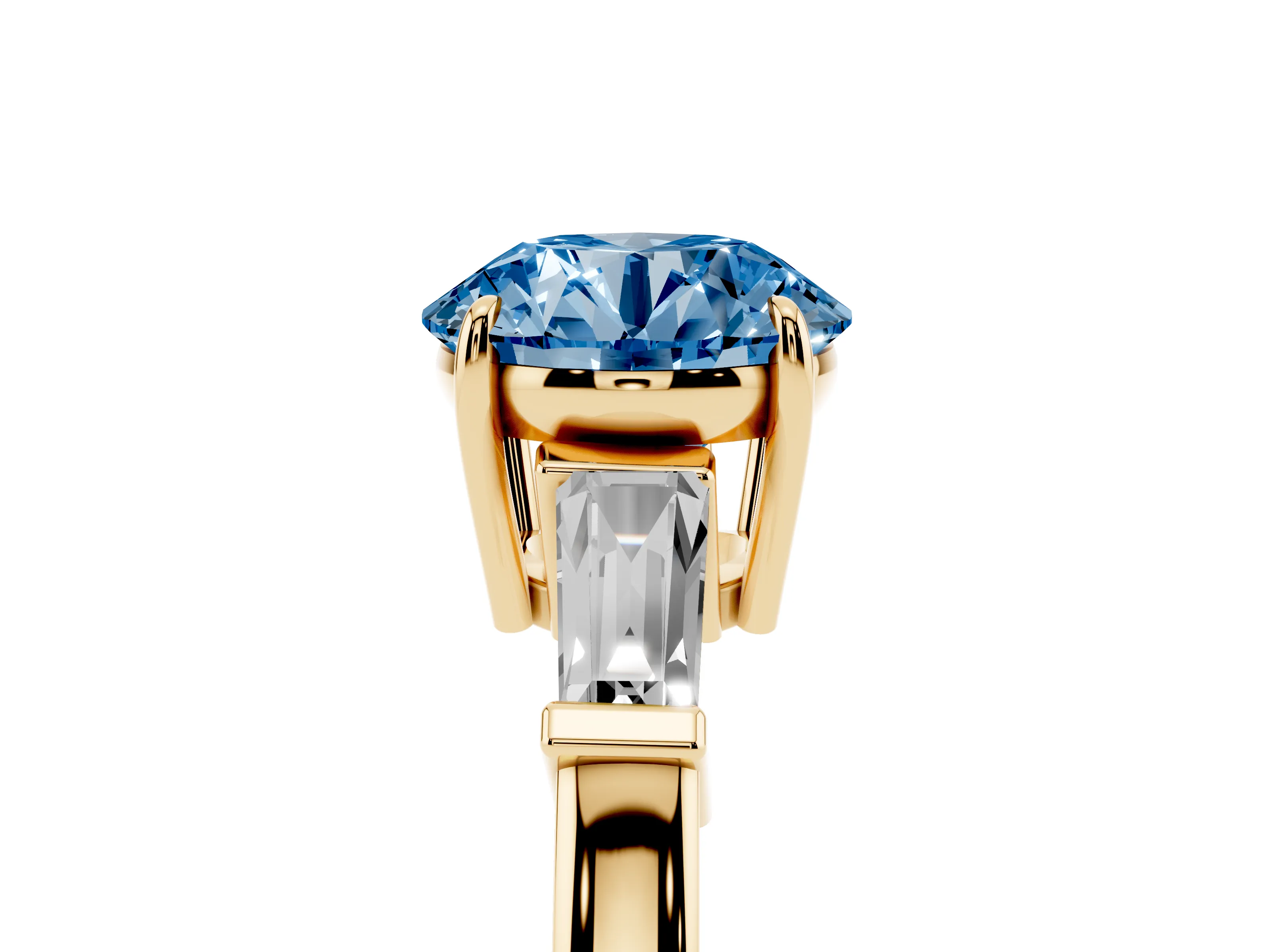 Fancy Blue Round Cut Diamond Three-Stone Ring Set in Yellow gold with Tapered Baguette Side Stones and Prong Setting