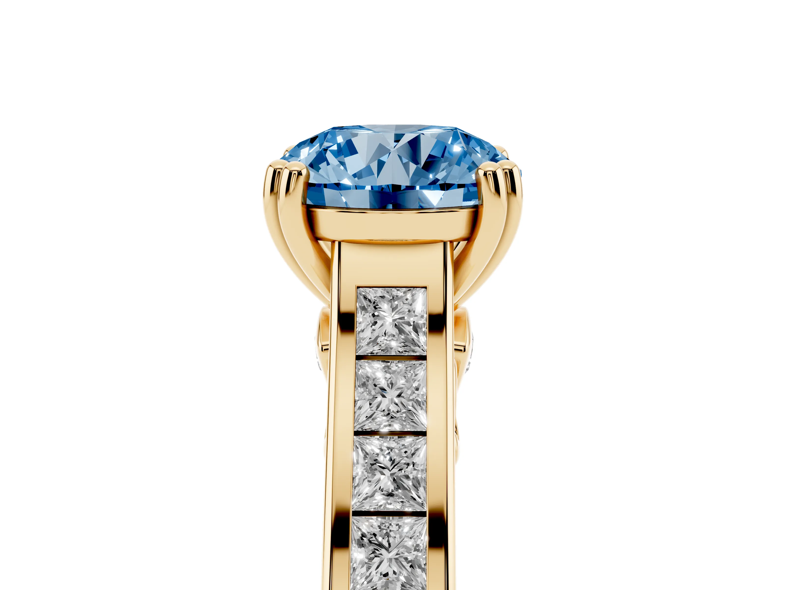 Fancy Blue Round Cut Diamond Channel Set Solitaire Engagement Ring Set in Yellow gold with Prong Setting