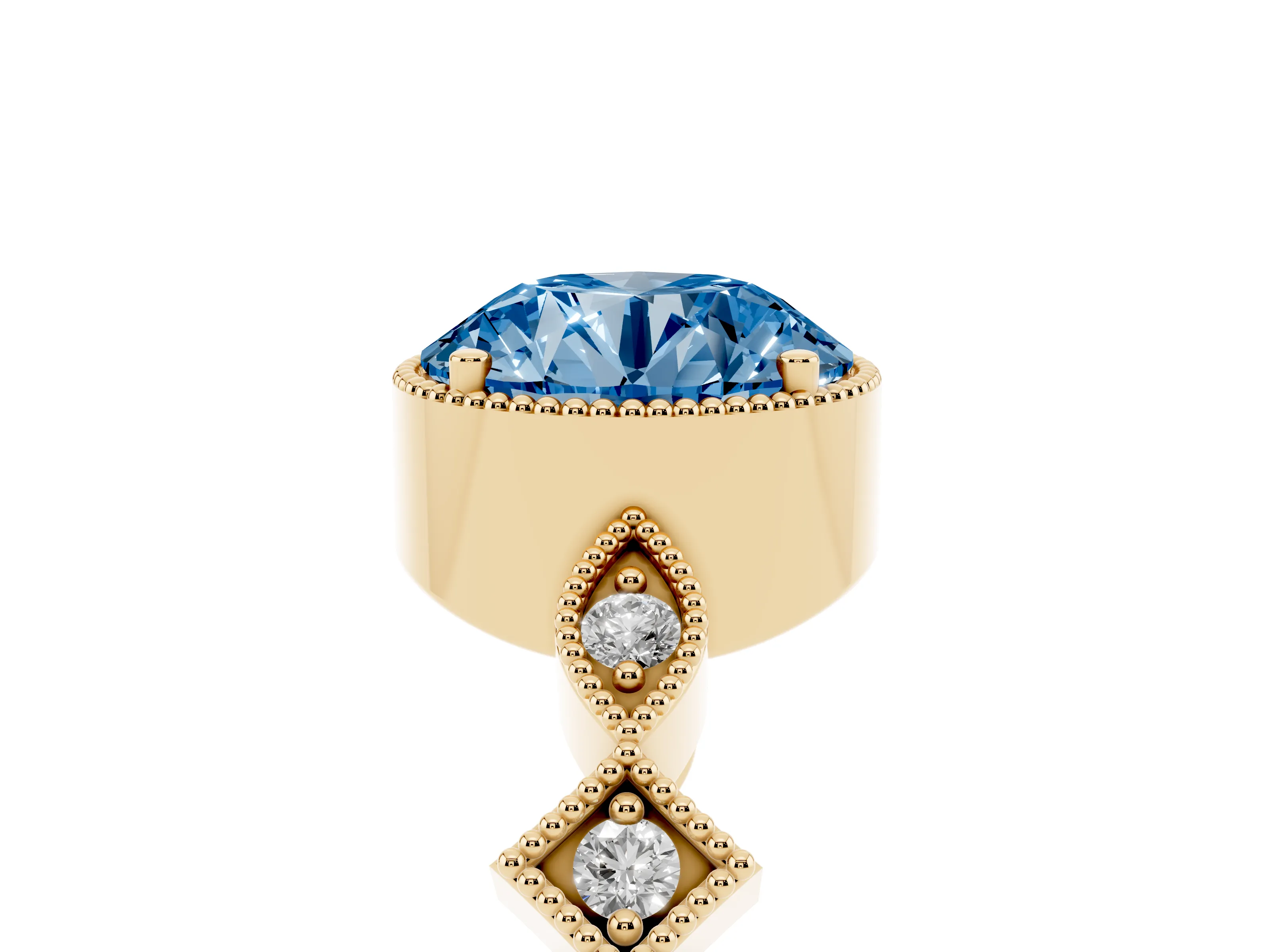 Fancy Blue Round Cut Diamond Milgrain Marquise Twist Band Ring Set in Yellow gold with Prong Setting