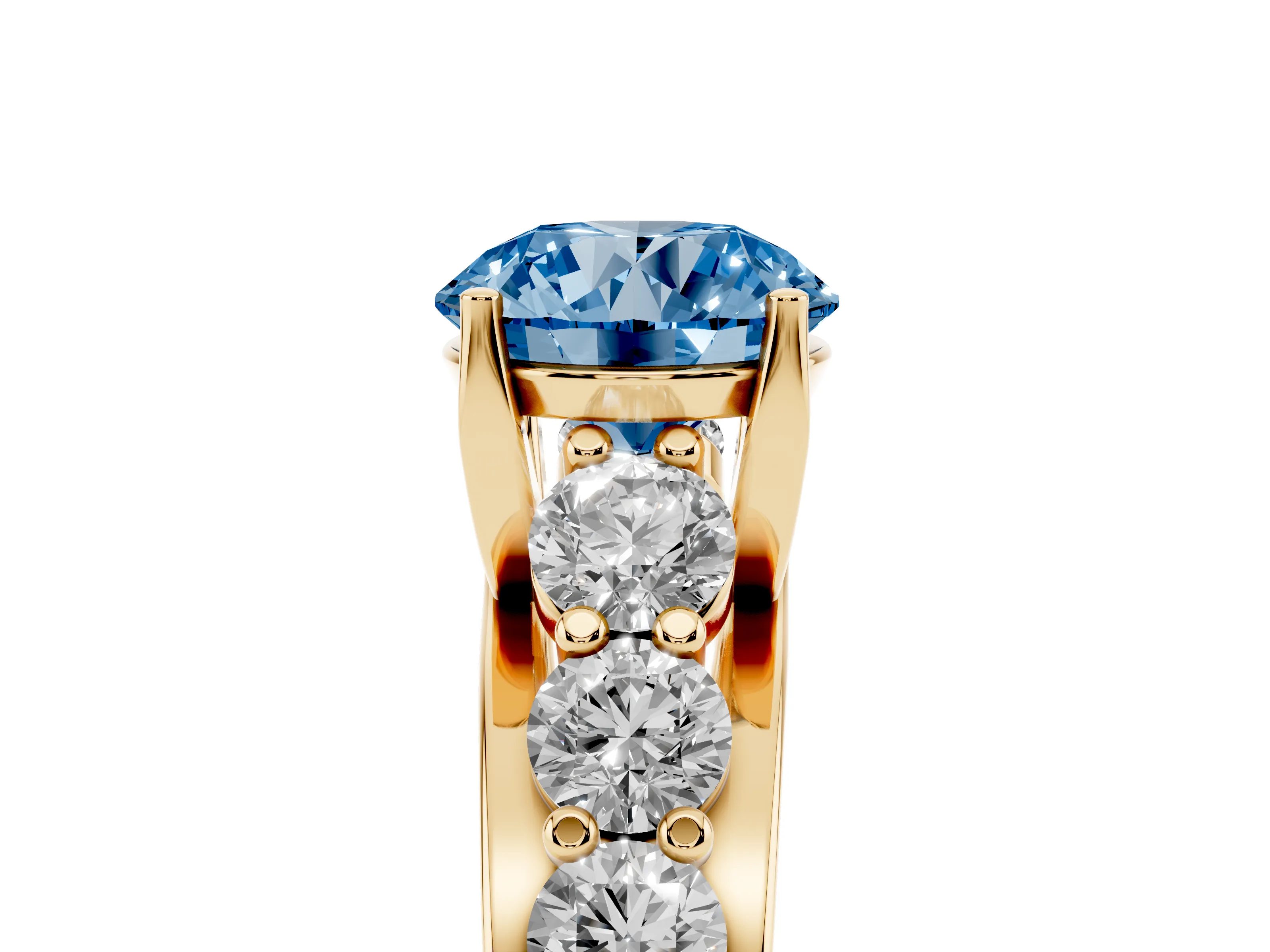 Fancy Blue Round Cut Diamond Pavé Engagement Ring Set in Yellow gold with Prong Setting