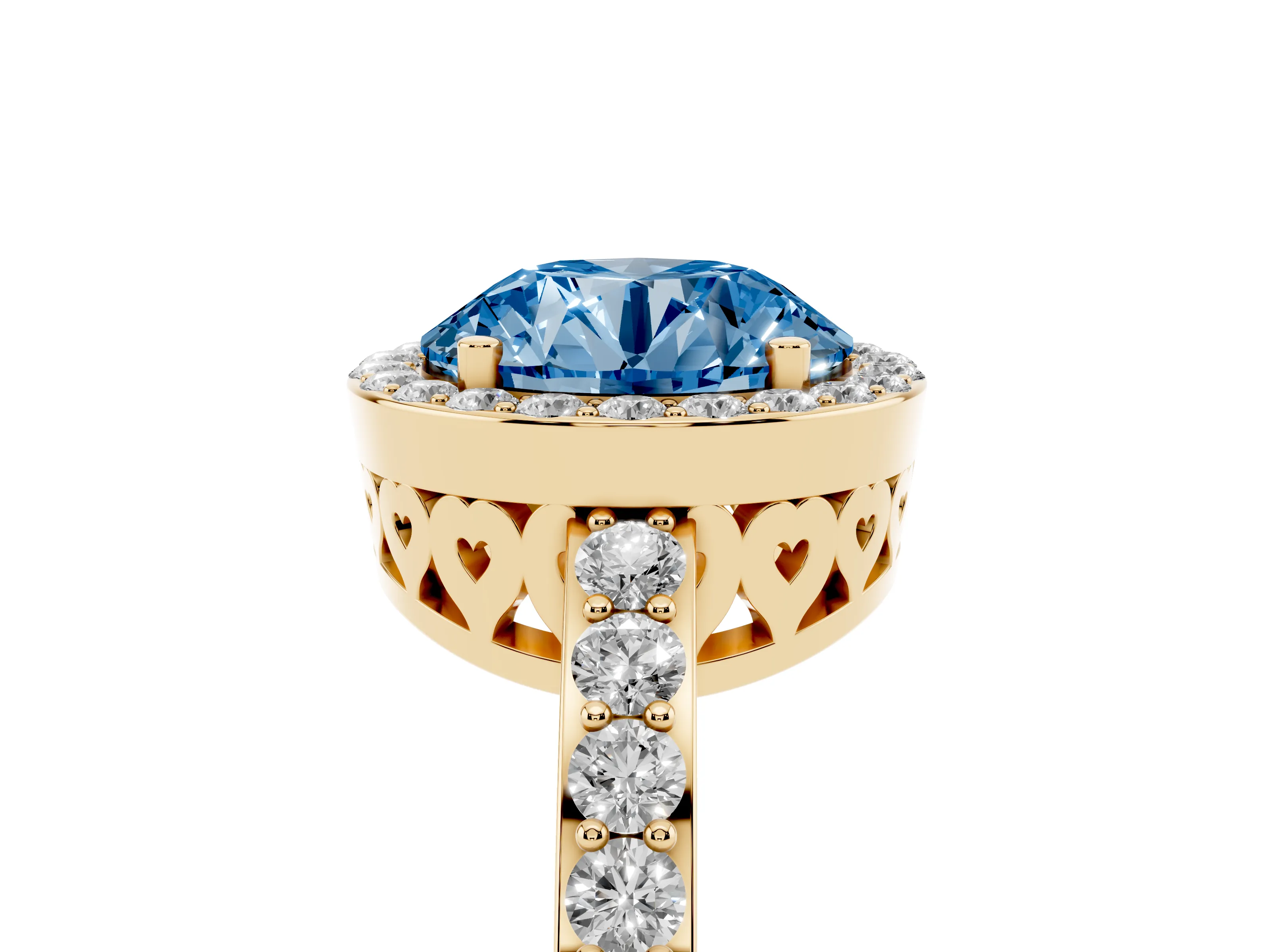Fancy Blue Round Cut Diamond Halo Ring Set in Yellow gold with Pavé-Setting Band and Open Prong Center