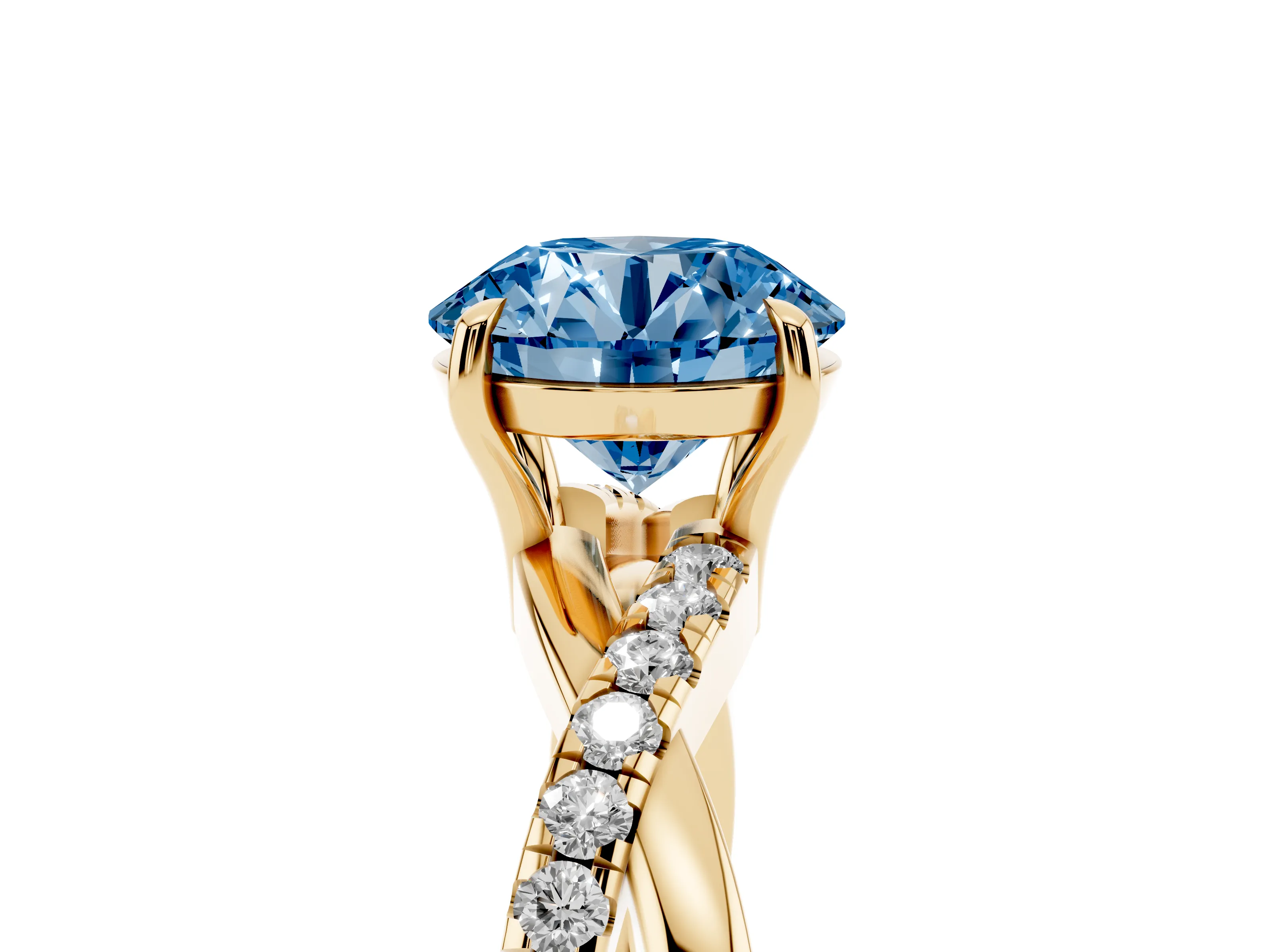 Fancy Blue Round Cut Diamond Twisted Pavé Band Ring Set in Yellow gold with Prong Setting