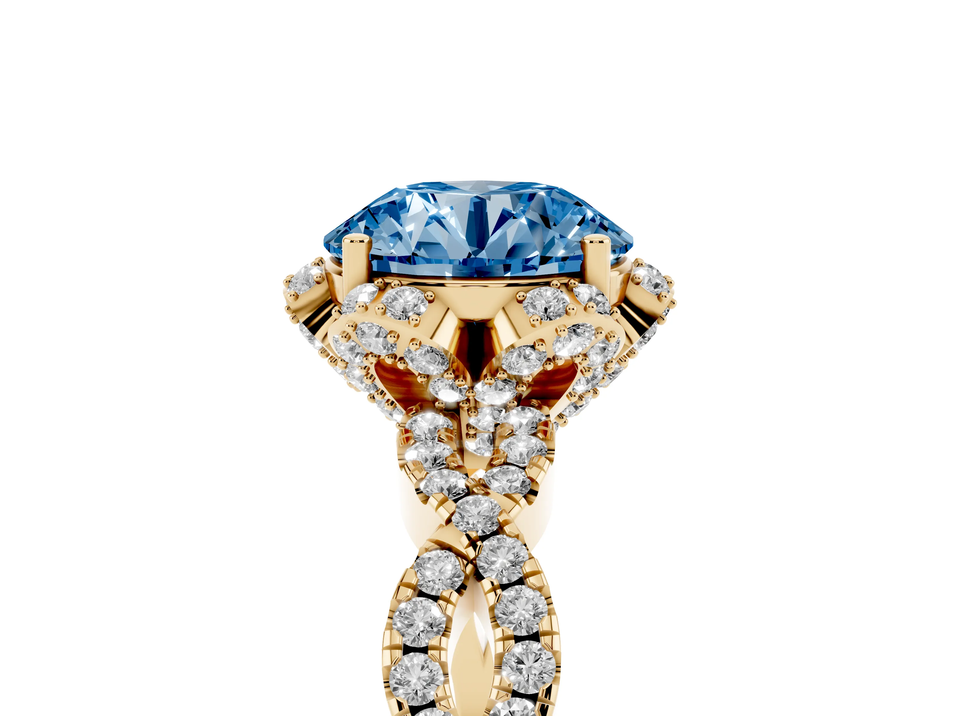 Fancy Blue Round Cut Diamond Halo Twist Band Solitaire Ring Set in Yellow gold with Prong-Set Center Stone