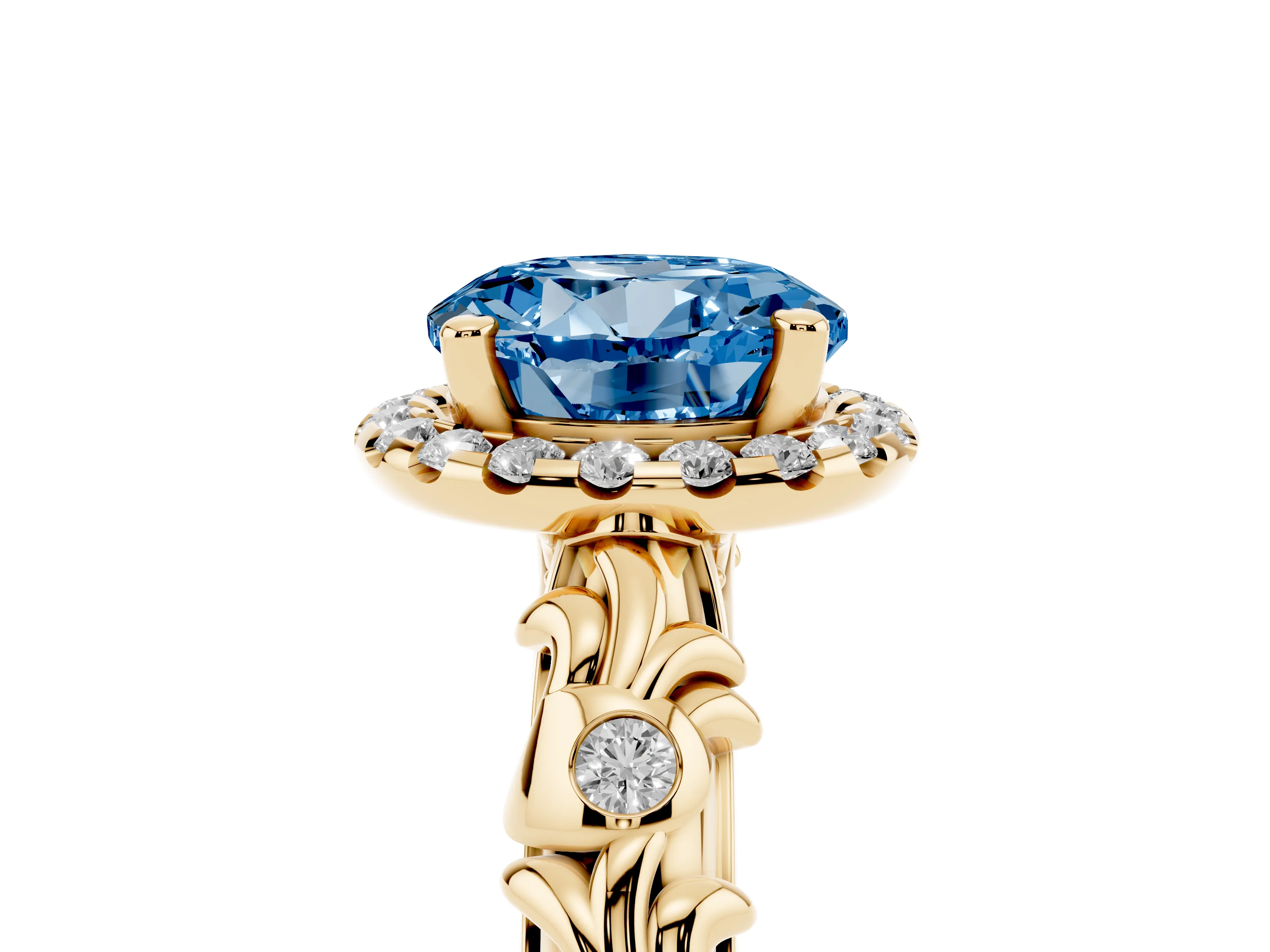Fancy Blue Round Cut Diamond Halo Ring Set in Yellow gold with Filigree Leaf Band and Prong Setting