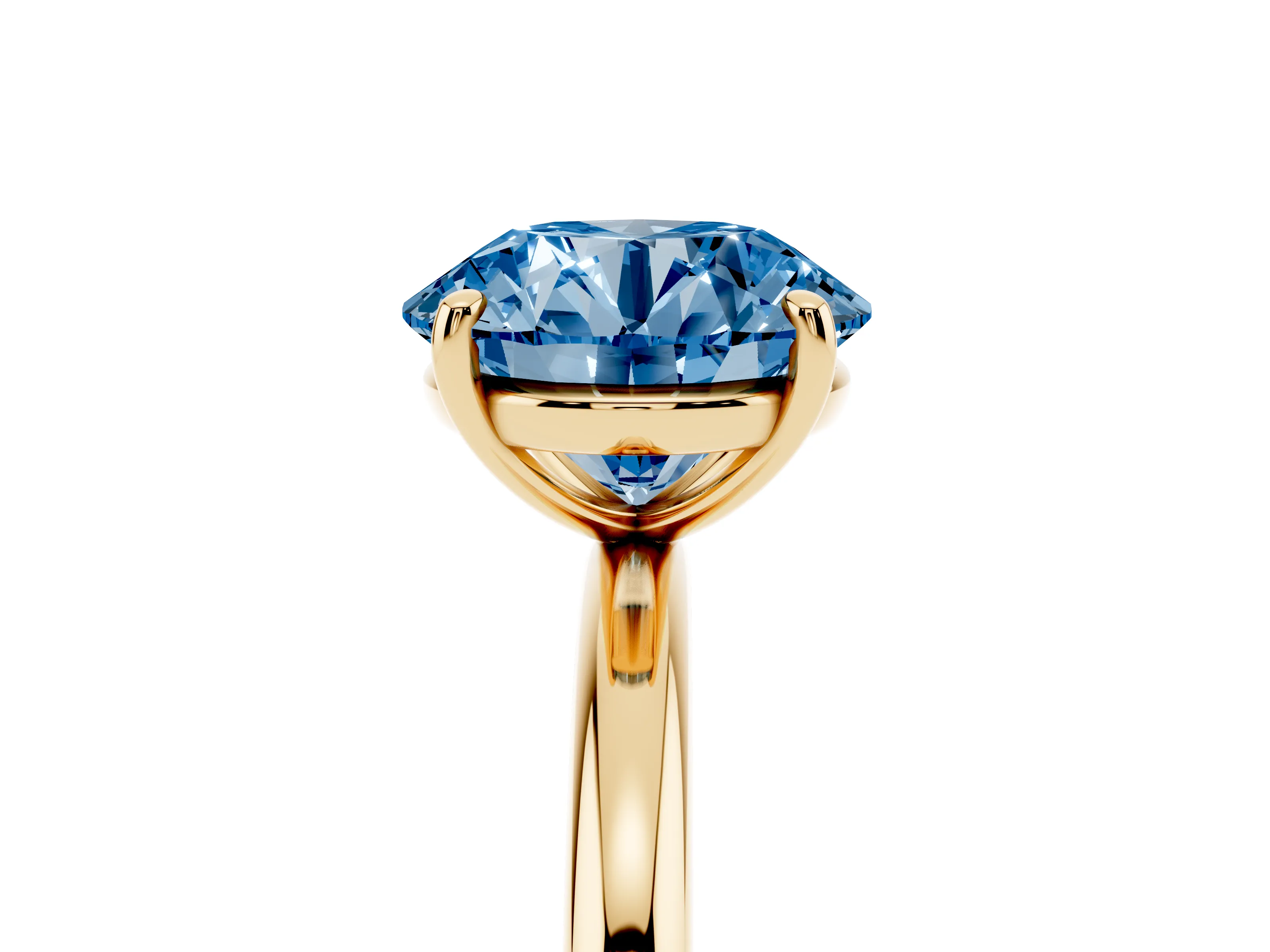Fancy Blue Round Cut Diamond Solitaire Ring Set in Yellow gold with Prong Setting on a Polished Plain Band
