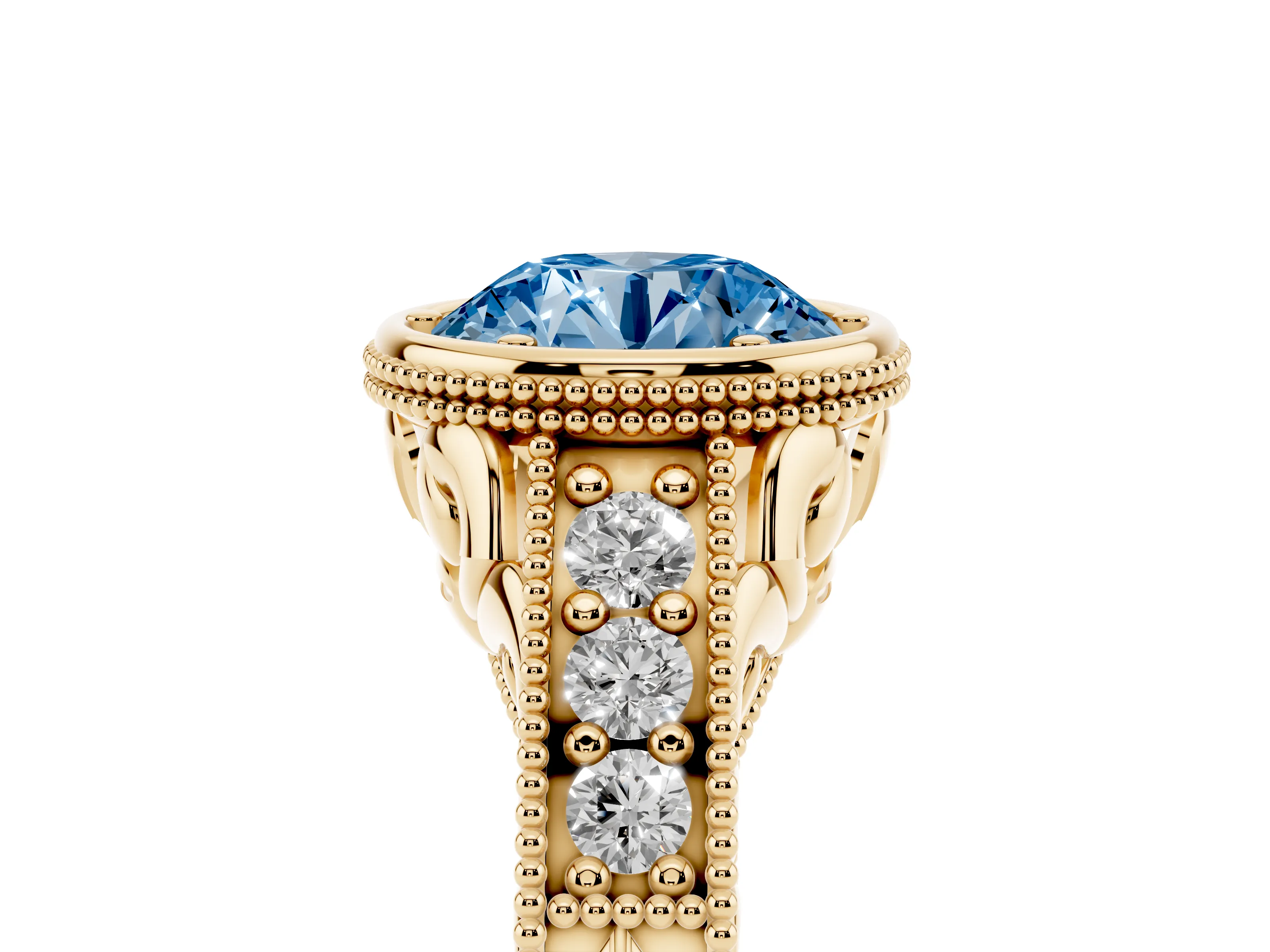 Fancy Blue Bezel Set Round Cut Diamond Milgrain Pavé Engagement Ring Set in Yellow gold