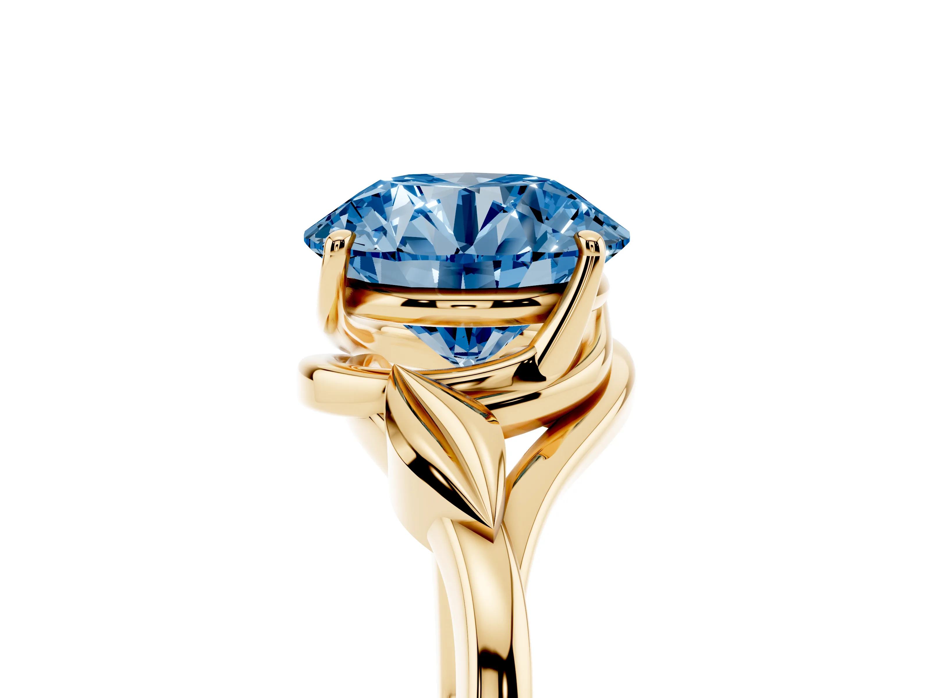 Fancy Blue Round Cut Diamond Solitaire Ring Set in Yellow gold with Polished Twist Band