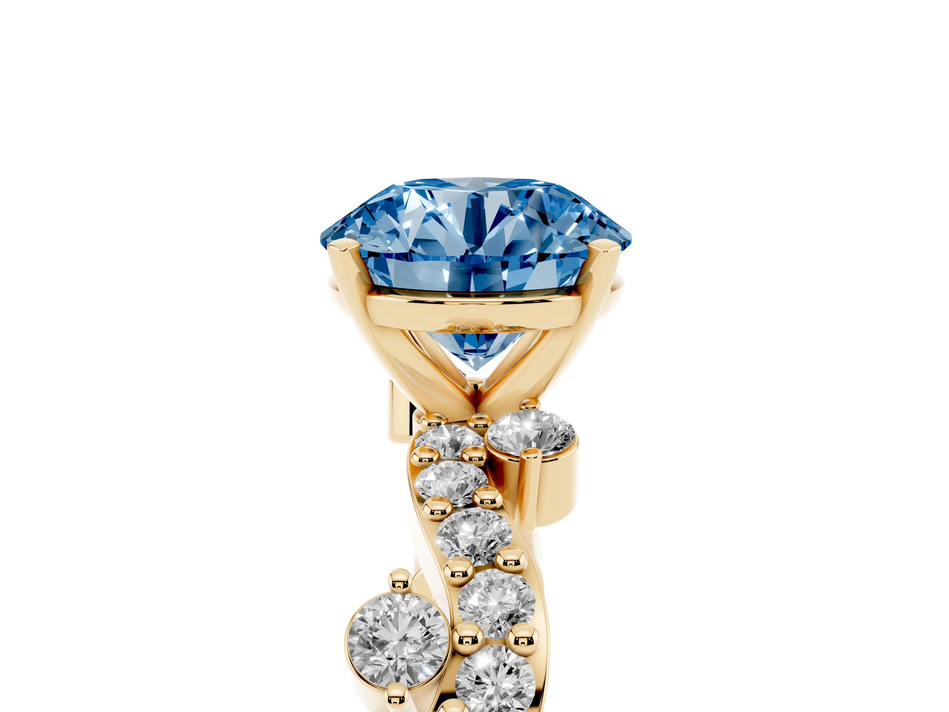 Fancy Blue Round Cut Diamond Solitaire Twisted Band Set in Yellow gold with Pavé Setting