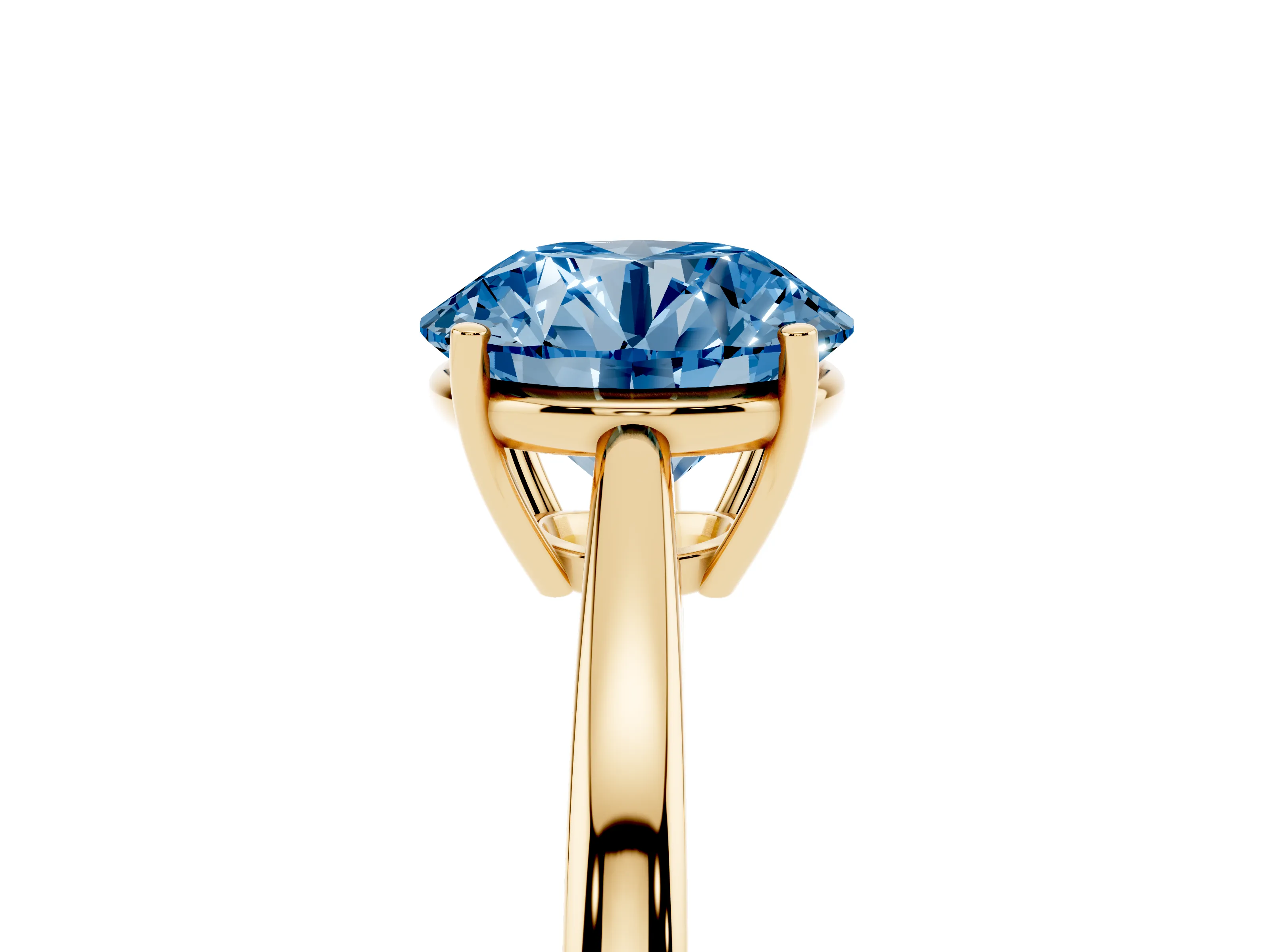 Fancy Blue Round Cut Diamond Solitaire Ring Set in Yellow gold with Split Shank and Prong Setting