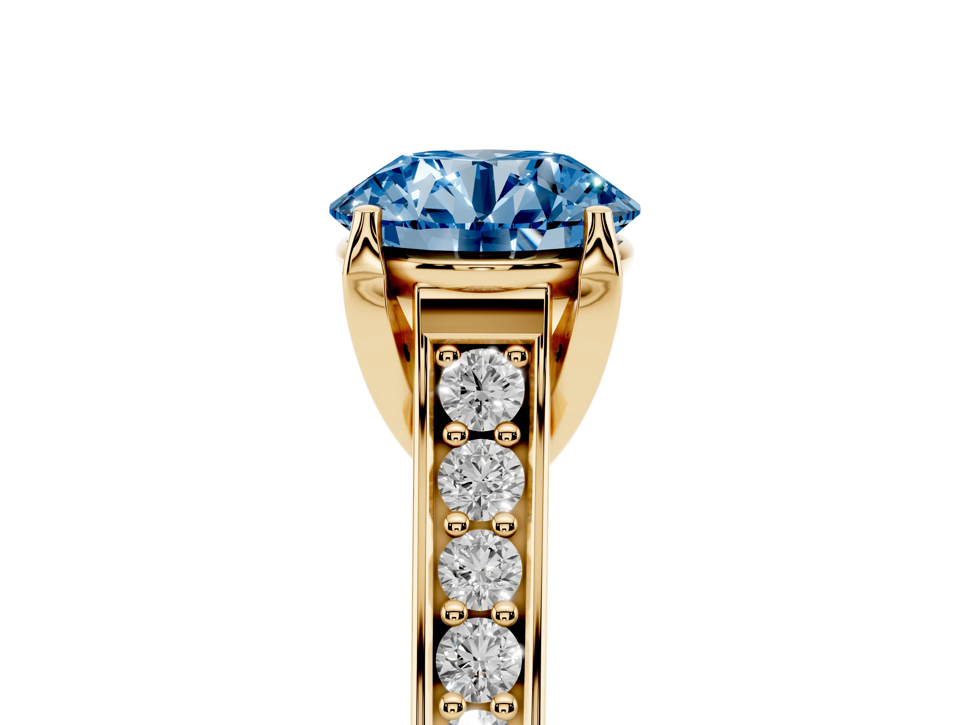 Fancy Blue Round Cut Diamond Solitaire Pavé Engagement Ring Set in Yellow gold with Prong Setting